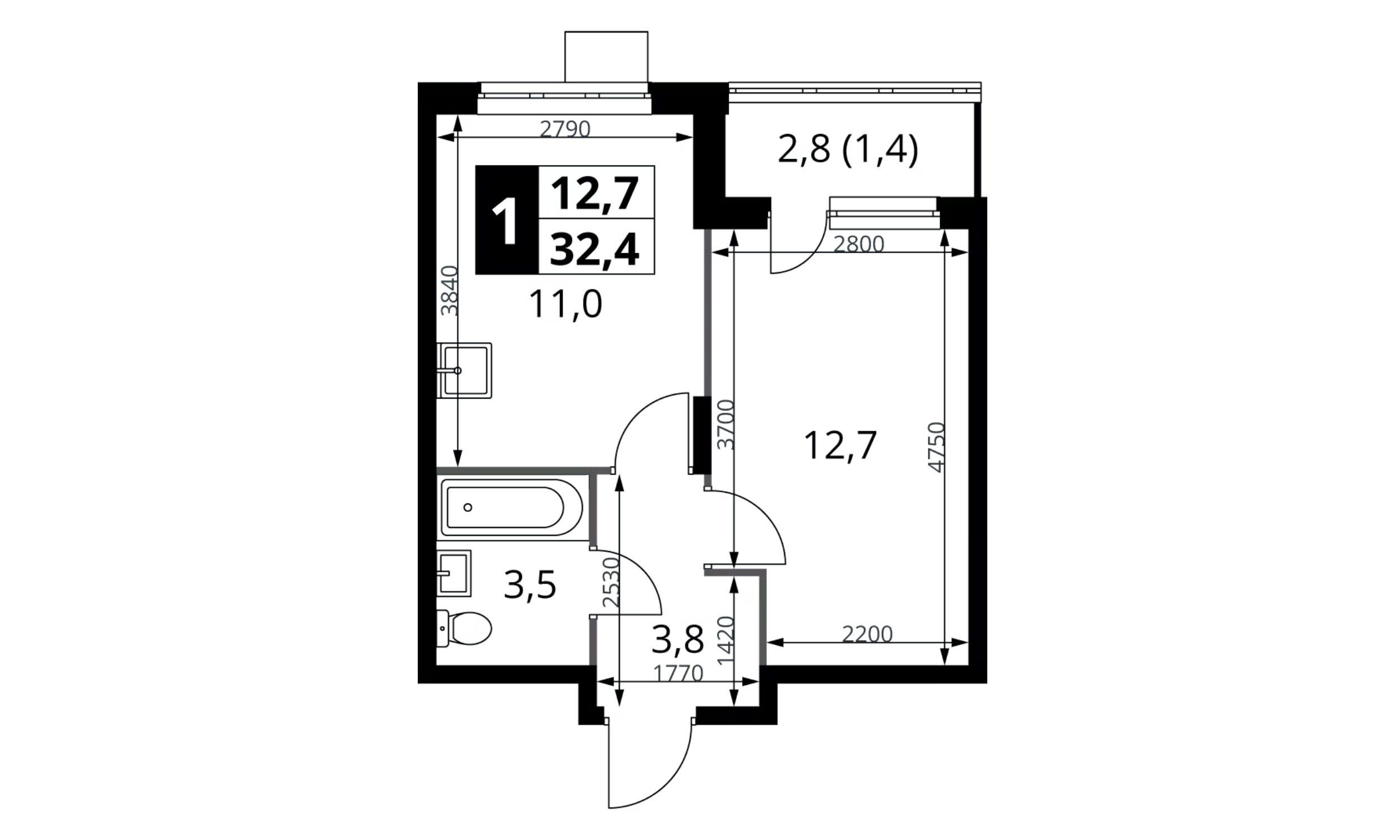 Планировка: 1-комн. квартира 32.40 м² в новостройке 1-й Донской