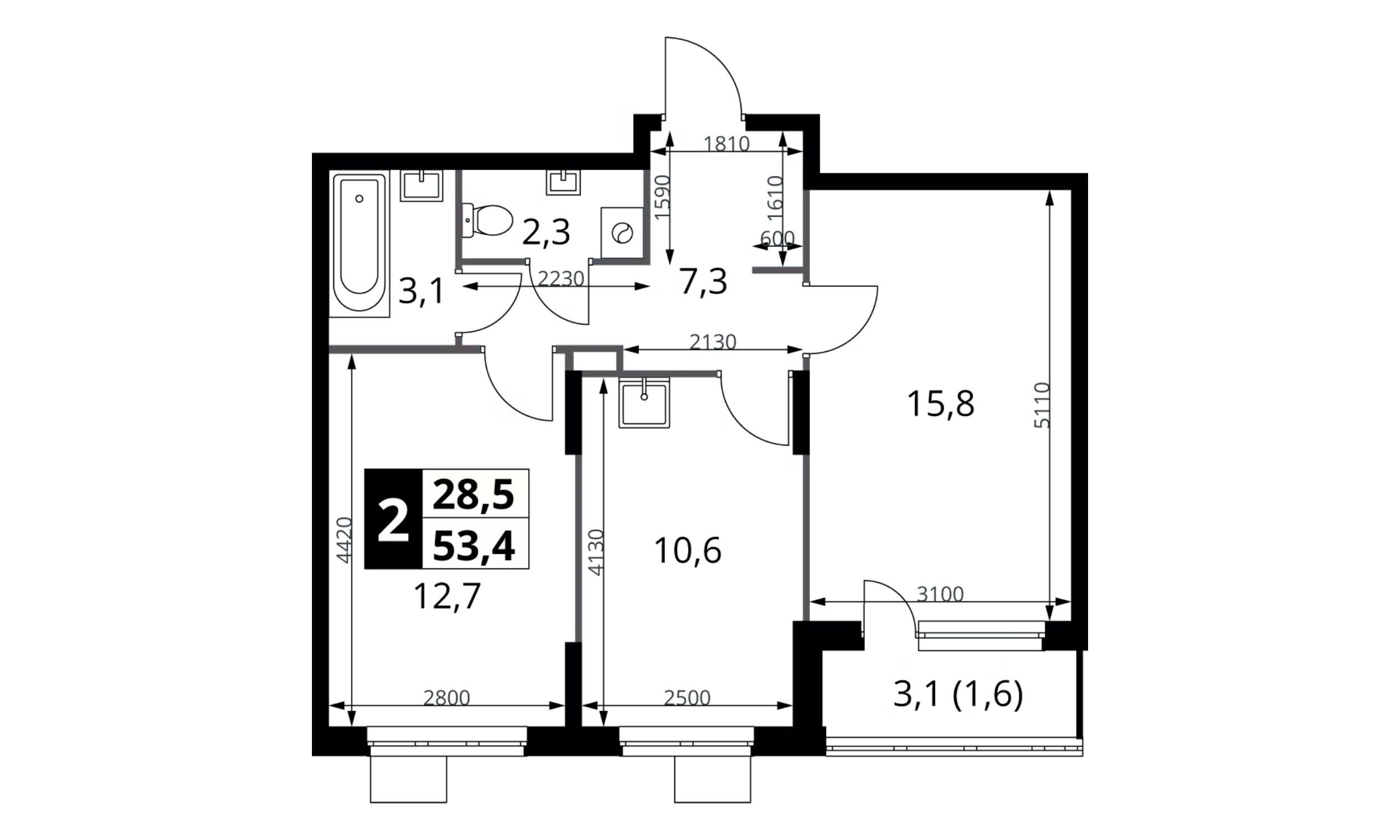 Планировка: 2-комн. квартира 53.40 м² в новостройке 1-й Донской