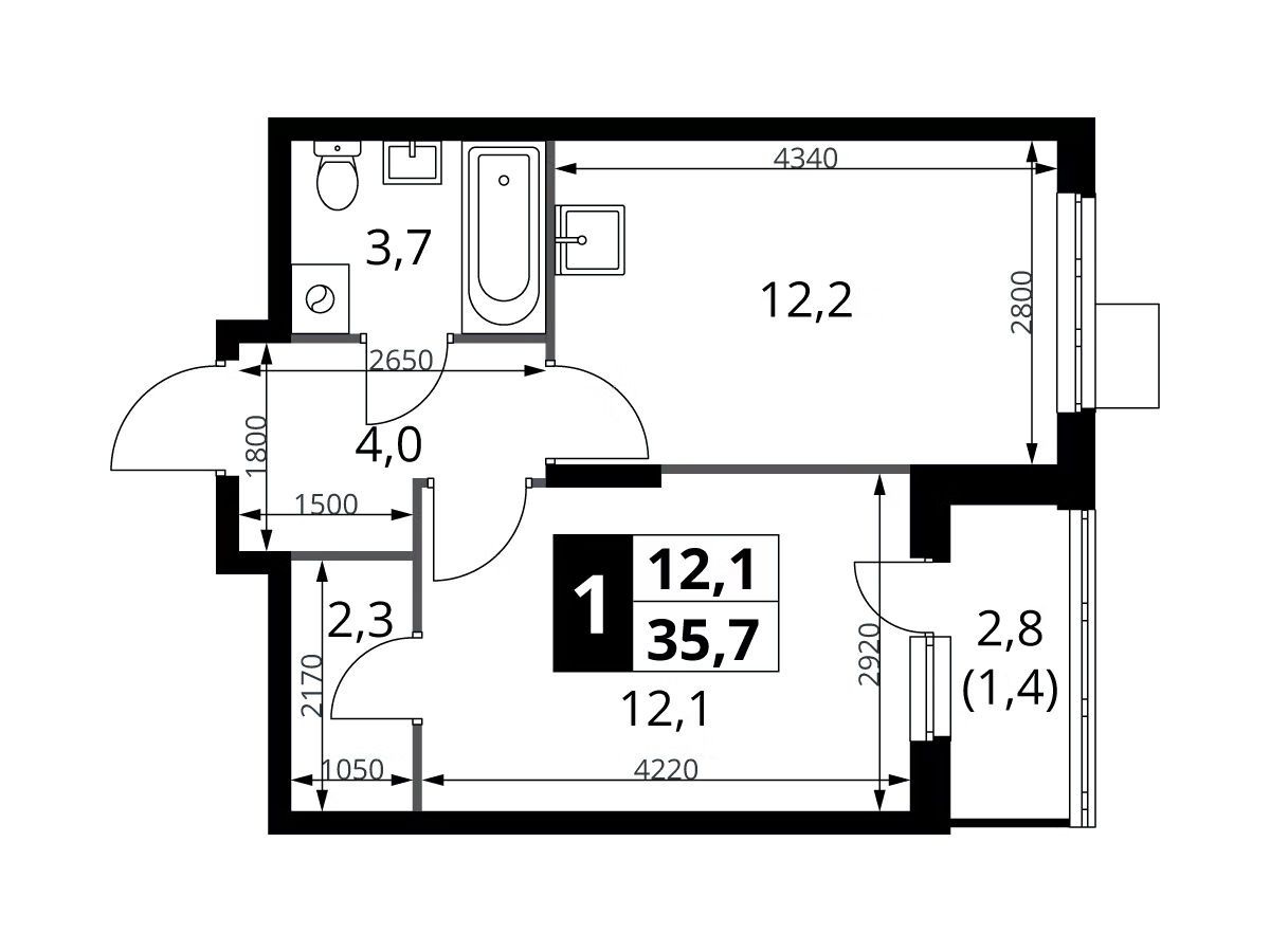 Планировка: 1-комн. квартира 35.70 м² в новостройке 1-й Донской