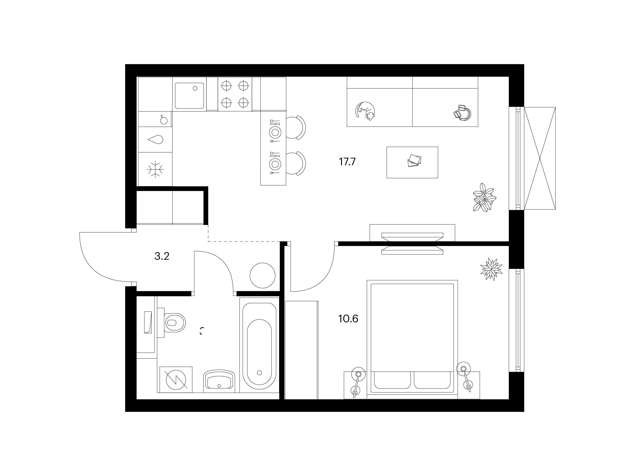 Планировка: 1-комн. квартира 35.20 м² в новостройке ЖК Томилинский бульвар