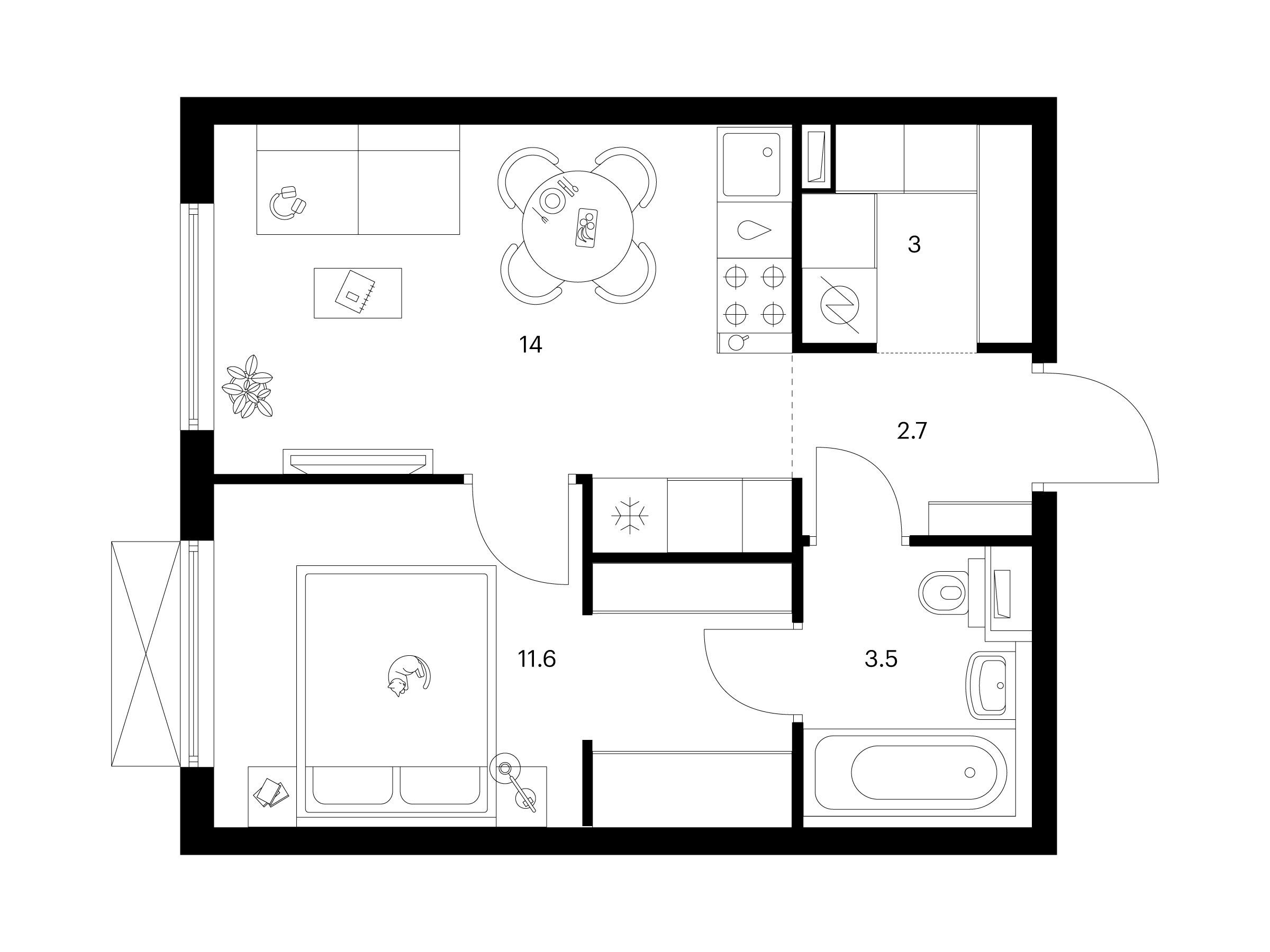 Планировка: 1-комн. квартира 34.80 м² в новостройке ЖК Томилинский бульвар