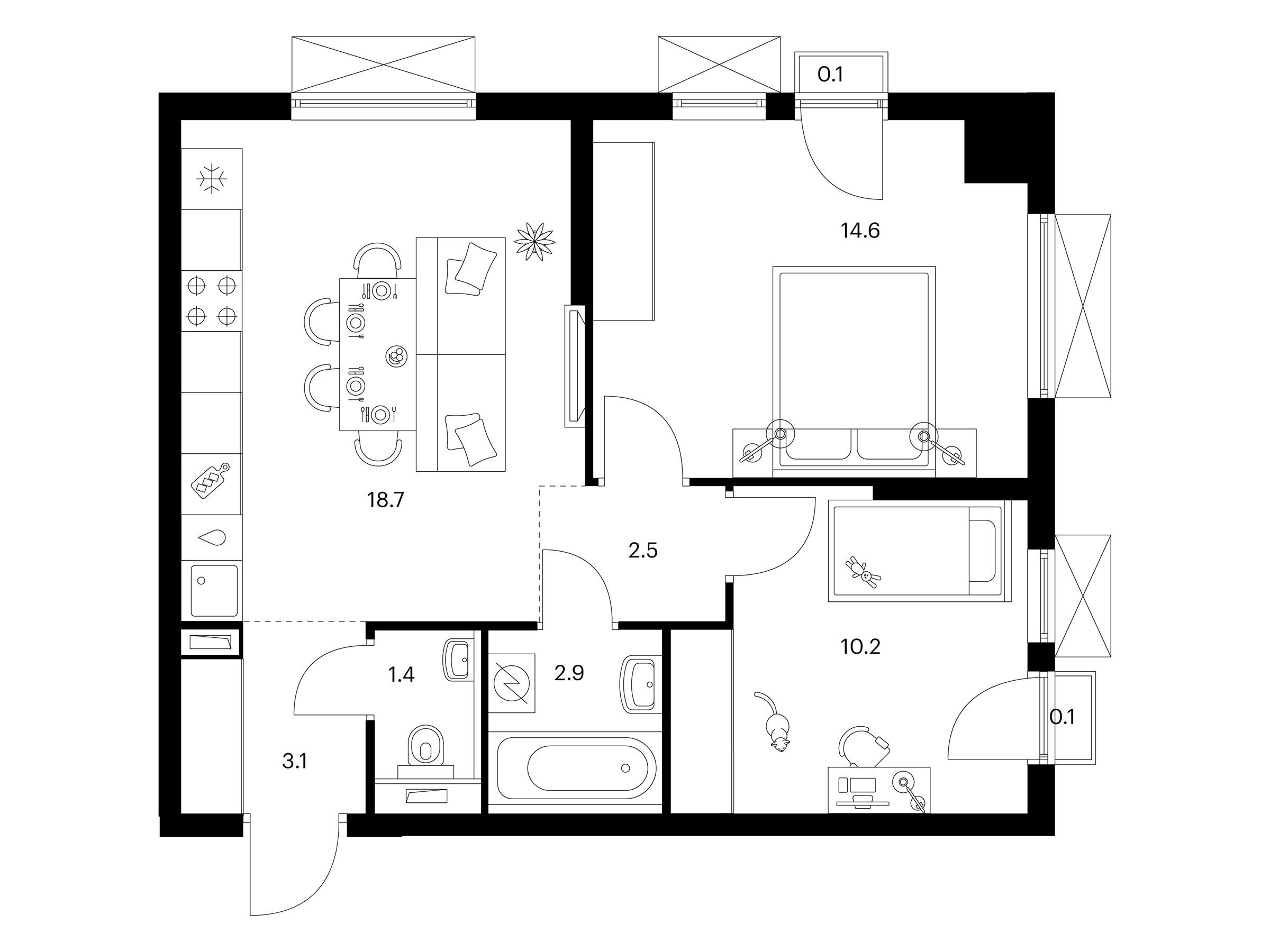 Планировка: 2-комн. квартира 53.60 м² в новостройке ЖК Томилинский бульвар