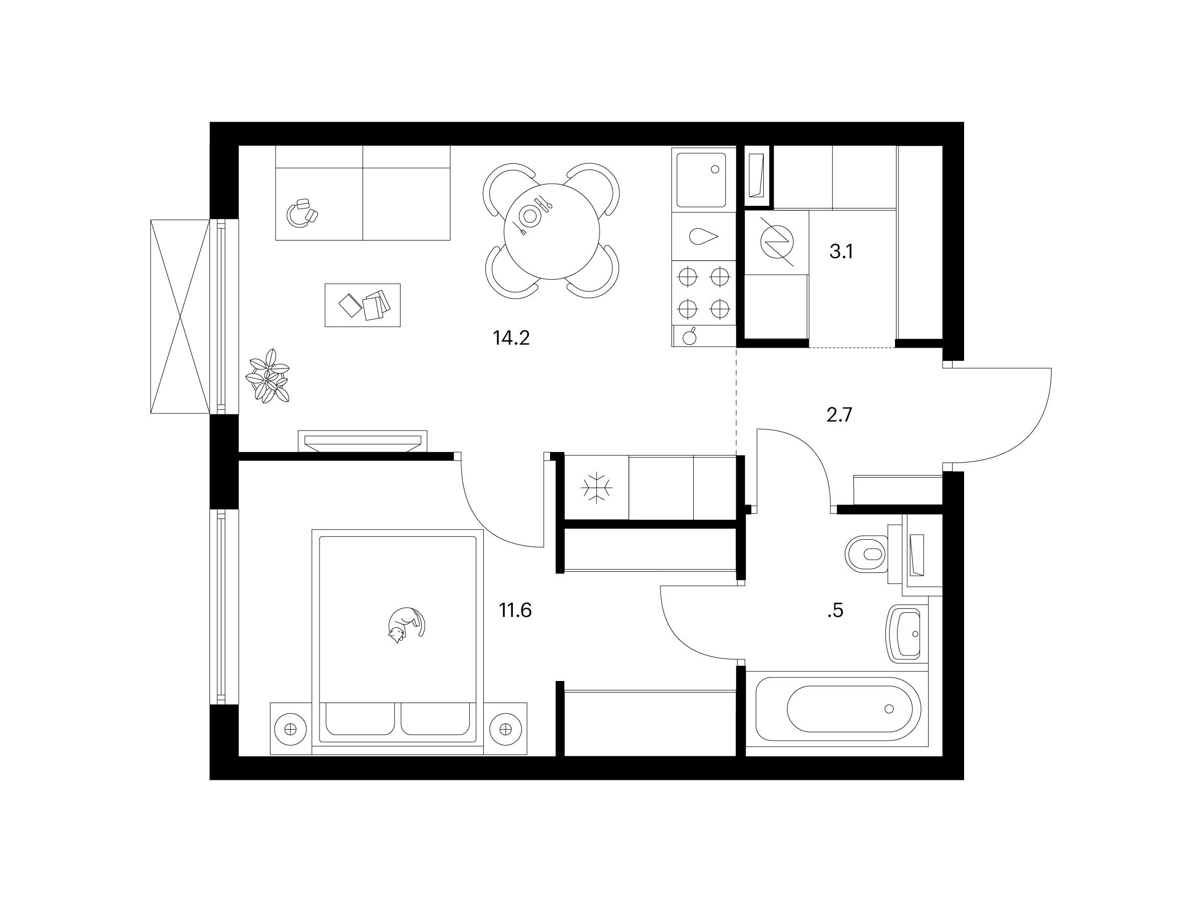 Планировка: 1-комн. квартира 35.10 м² в новостройке ЖК Томилинский бульвар