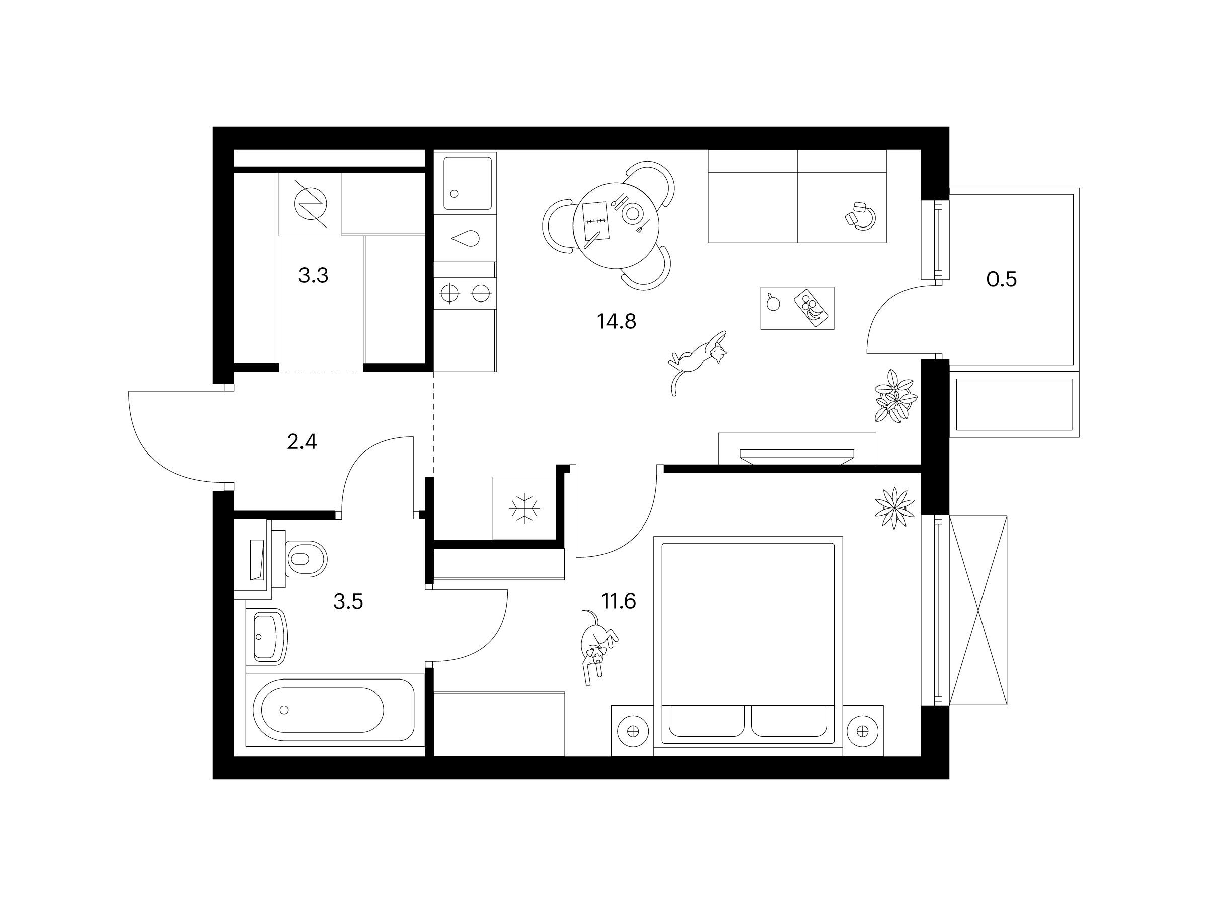 Планировка: 1-комн. квартира 36.10 м² в новостройке Томилинский бульвар