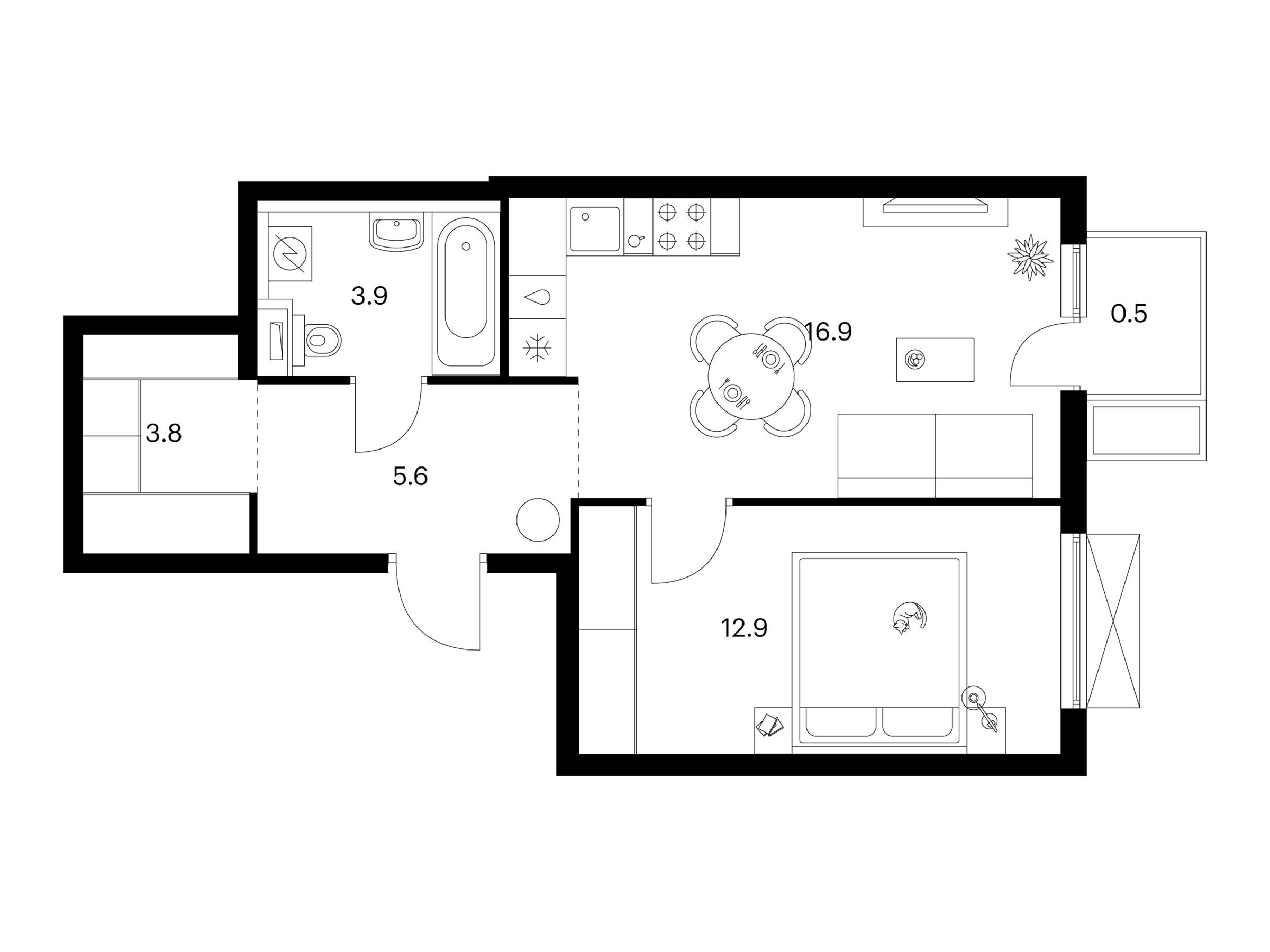 Планировка: 1-комн. квартира 43.60 м² в новостройке ЖК Томилинский бульвар