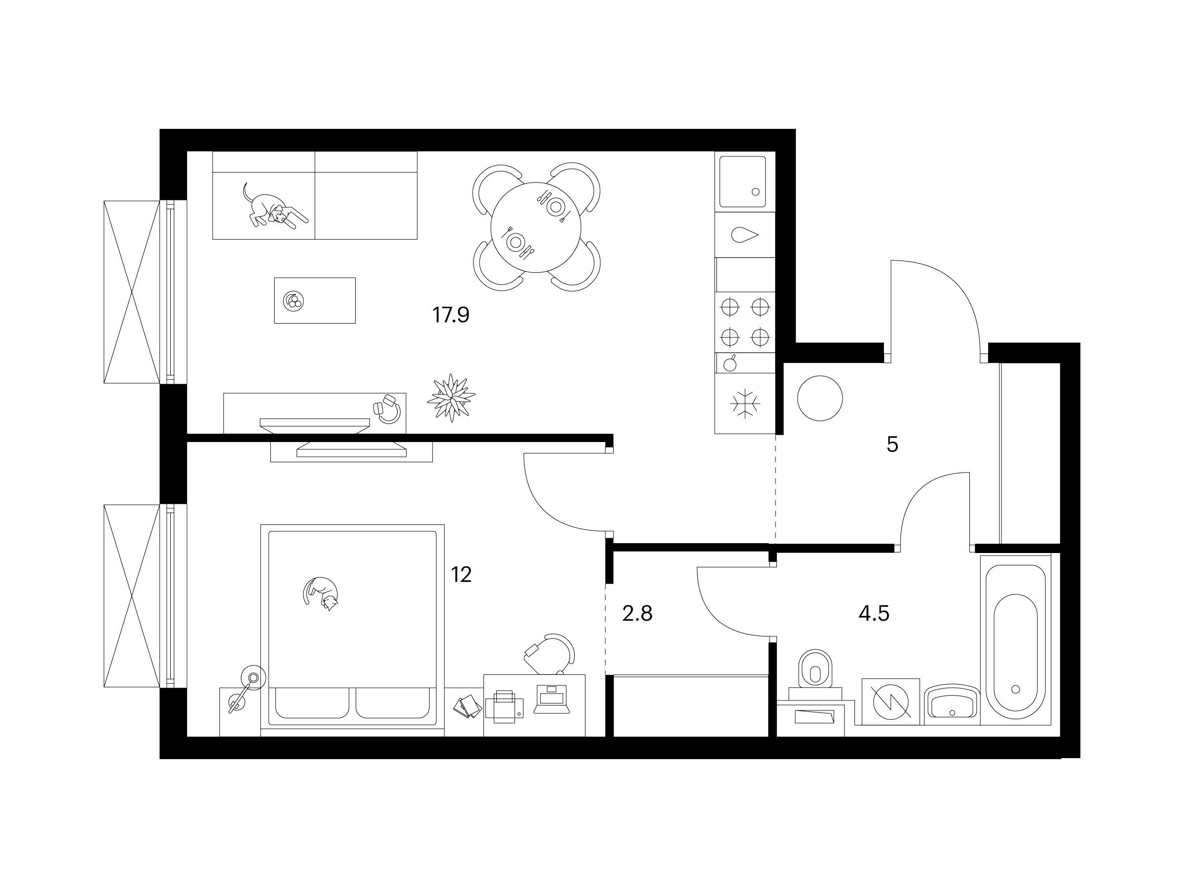 Планировка: 1-комн. квартира 42.20 м² в новостройке Томилинский бульвар