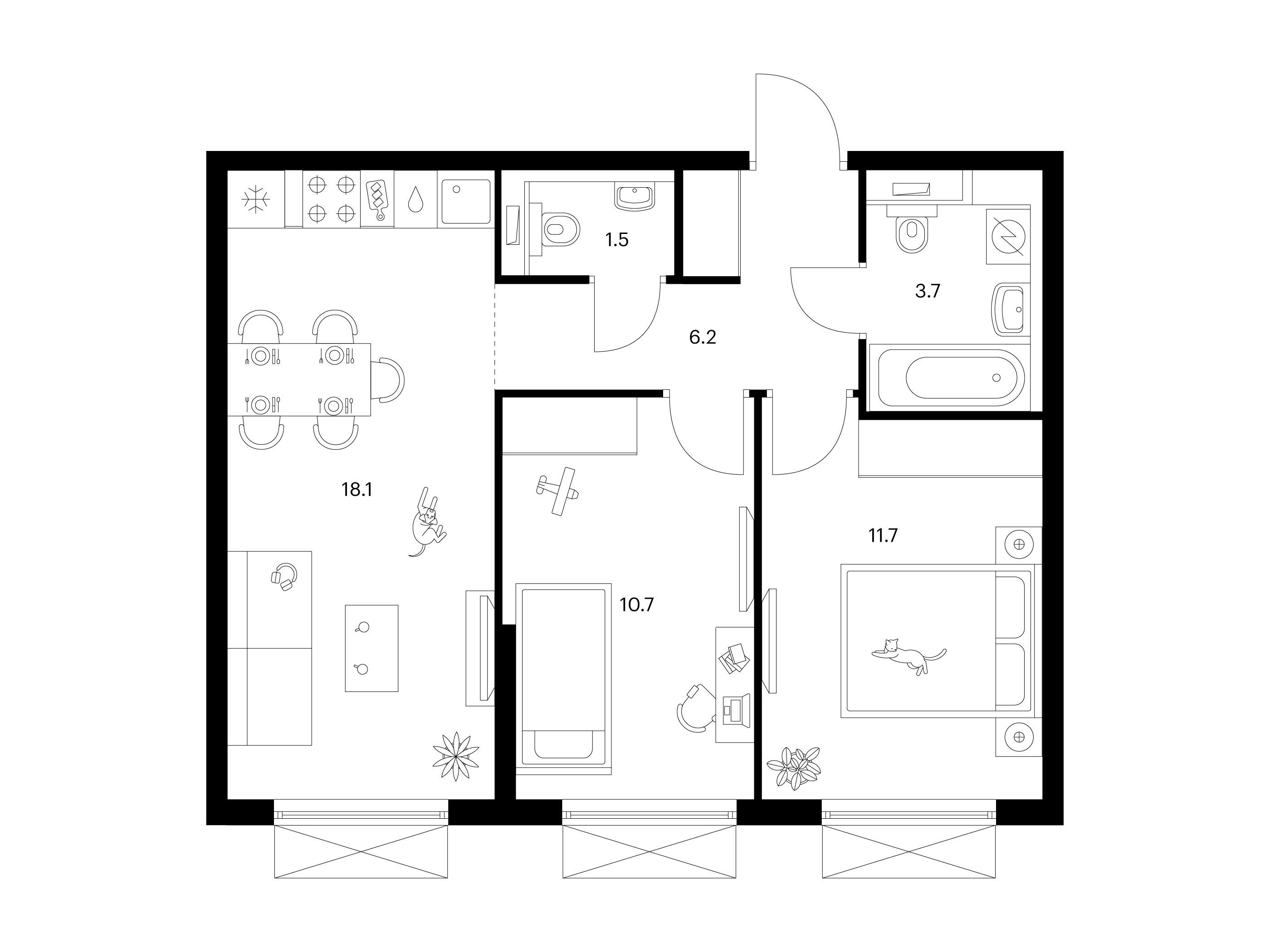 Планировка: 2-комн. квартира 51.90 м² в новостройке ЖК Томилинский бульвар