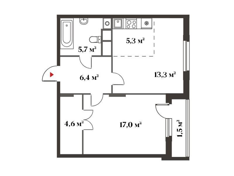 Планировка: 2-комн. квартира 53.90 м² в новостройке Восемь Кленов
