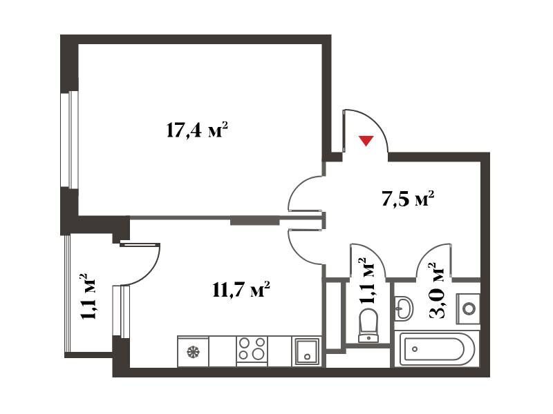 Планировка: 1-комн. квартира 41.80 м² в новостройке Восемь Кленов