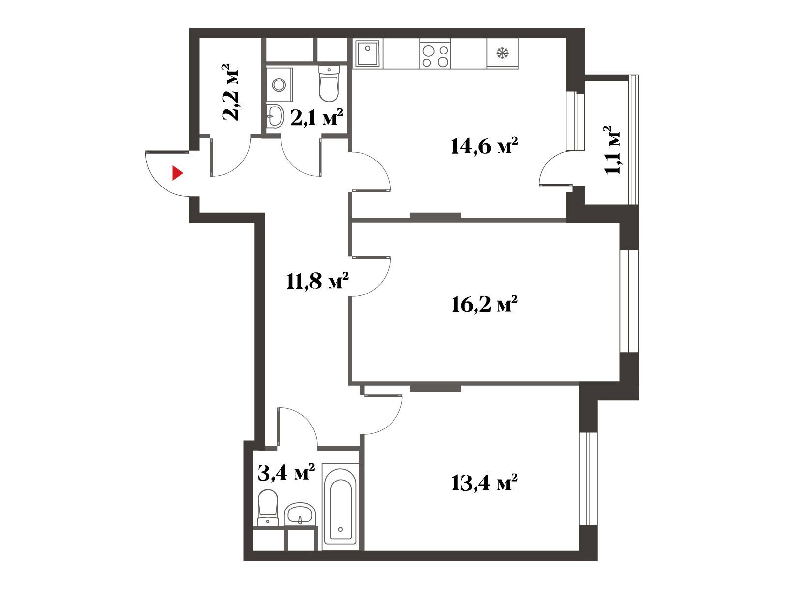 Планировка: 2-комн. квартира 64.80 м² в новостройке Восемь Кленов