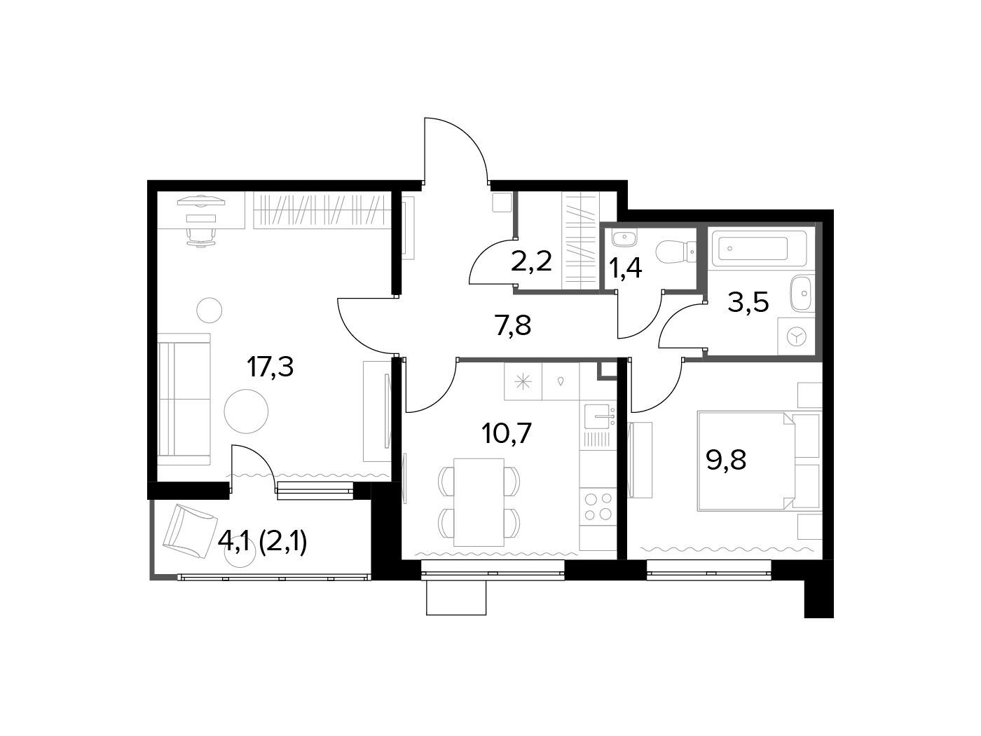 Планировка: 2-комн. квартира 54.70 м² в новостройке 1-й Лермонтовский