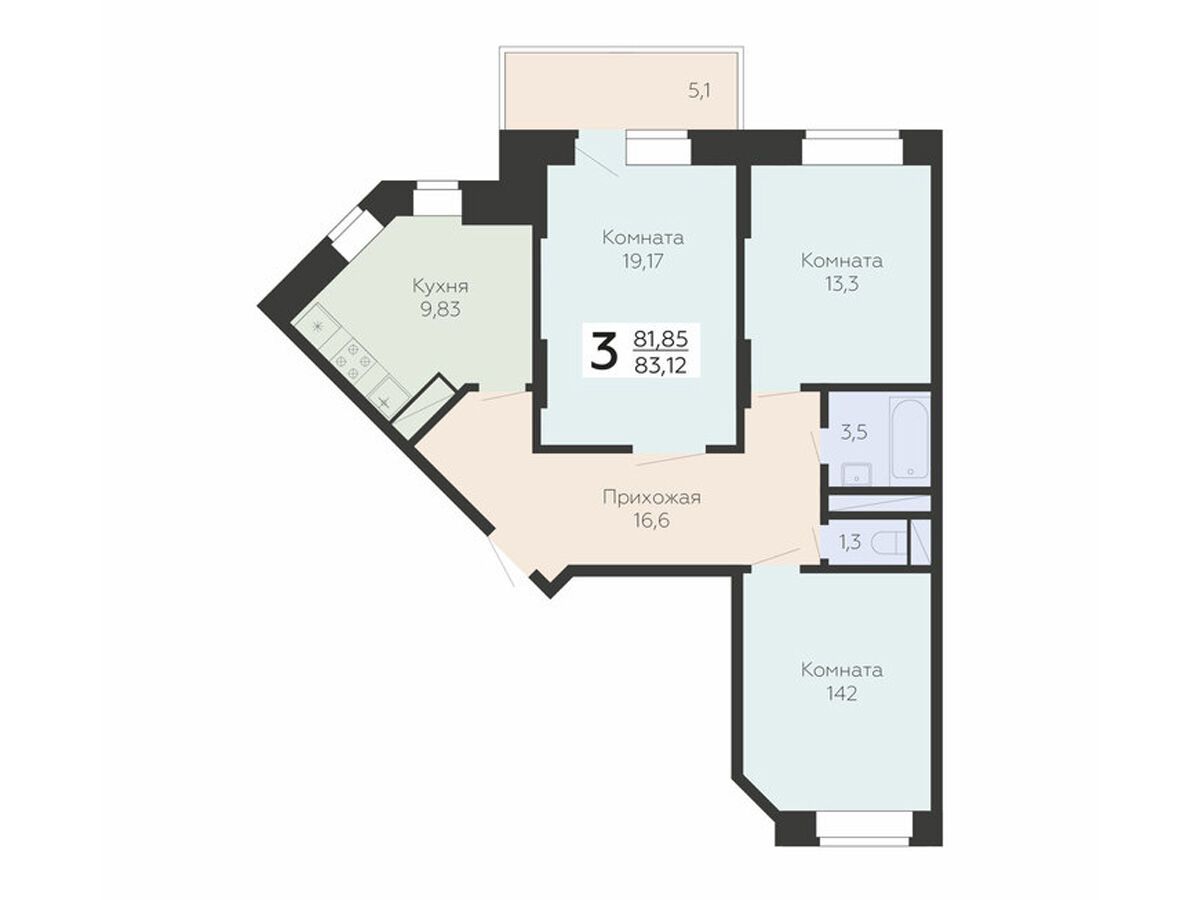 Планировка: 3-комн. квартира 83.12 м² в новостройке ЖК Онегин