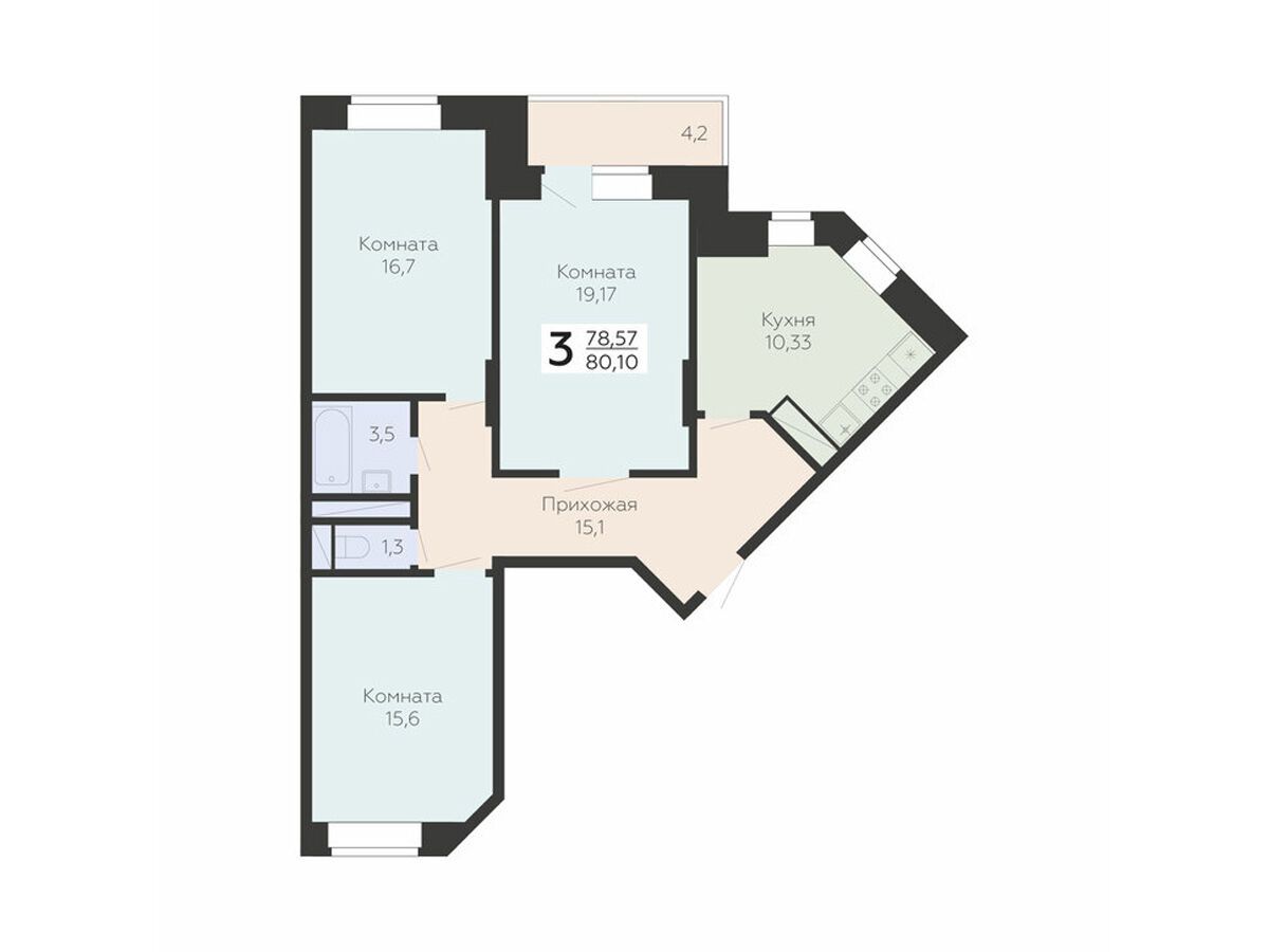 Планировка: 3-комн. квартира 80.10 м² в новостройке ЖК Онегин