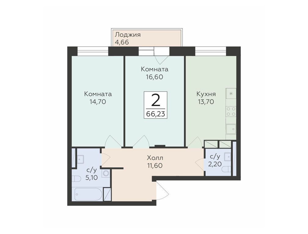 Планировка: 2-комн. квартира 66.23 м² в новостройке Малаховский