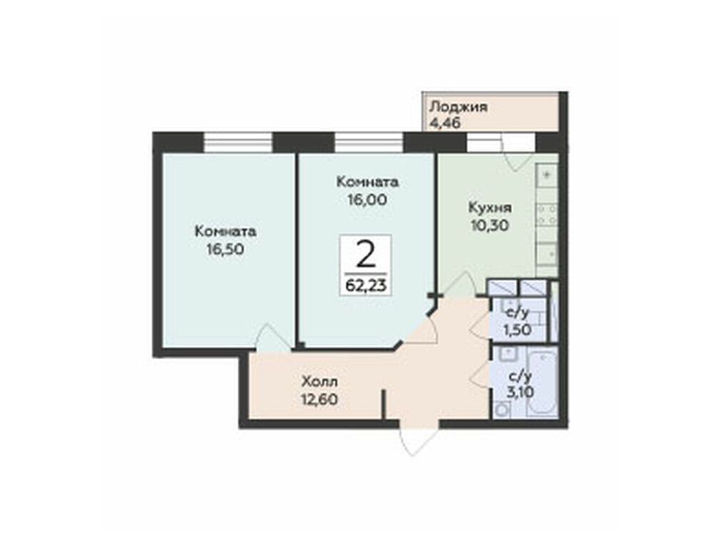 Планировка: 2-комн. квартира 62.23 м² в новостройке Малаховский