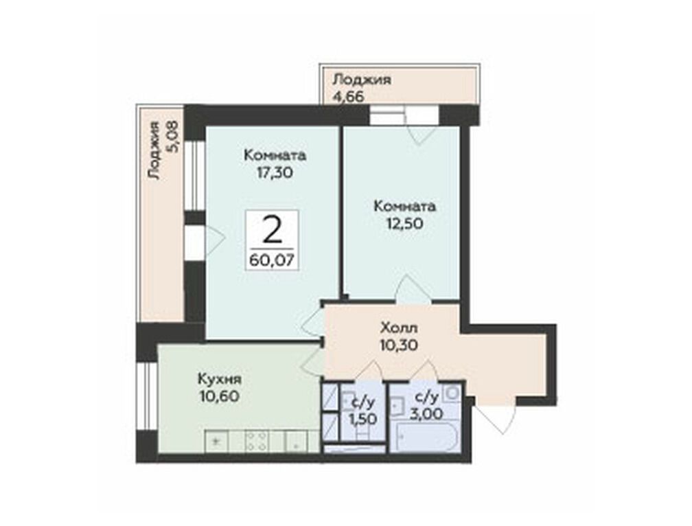 Планировка: 2-комн. квартира 60.07 м² в новостройке Малаховский