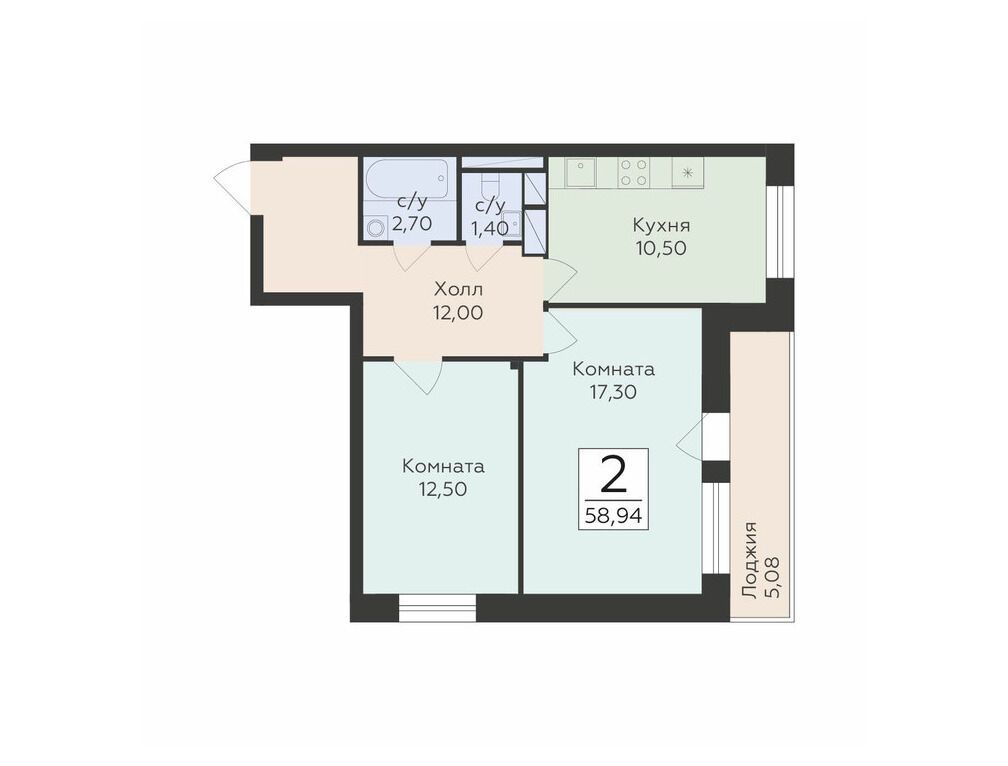 Планировка: 2-комн. квартира 58.94 м² в новостройке Малаховский