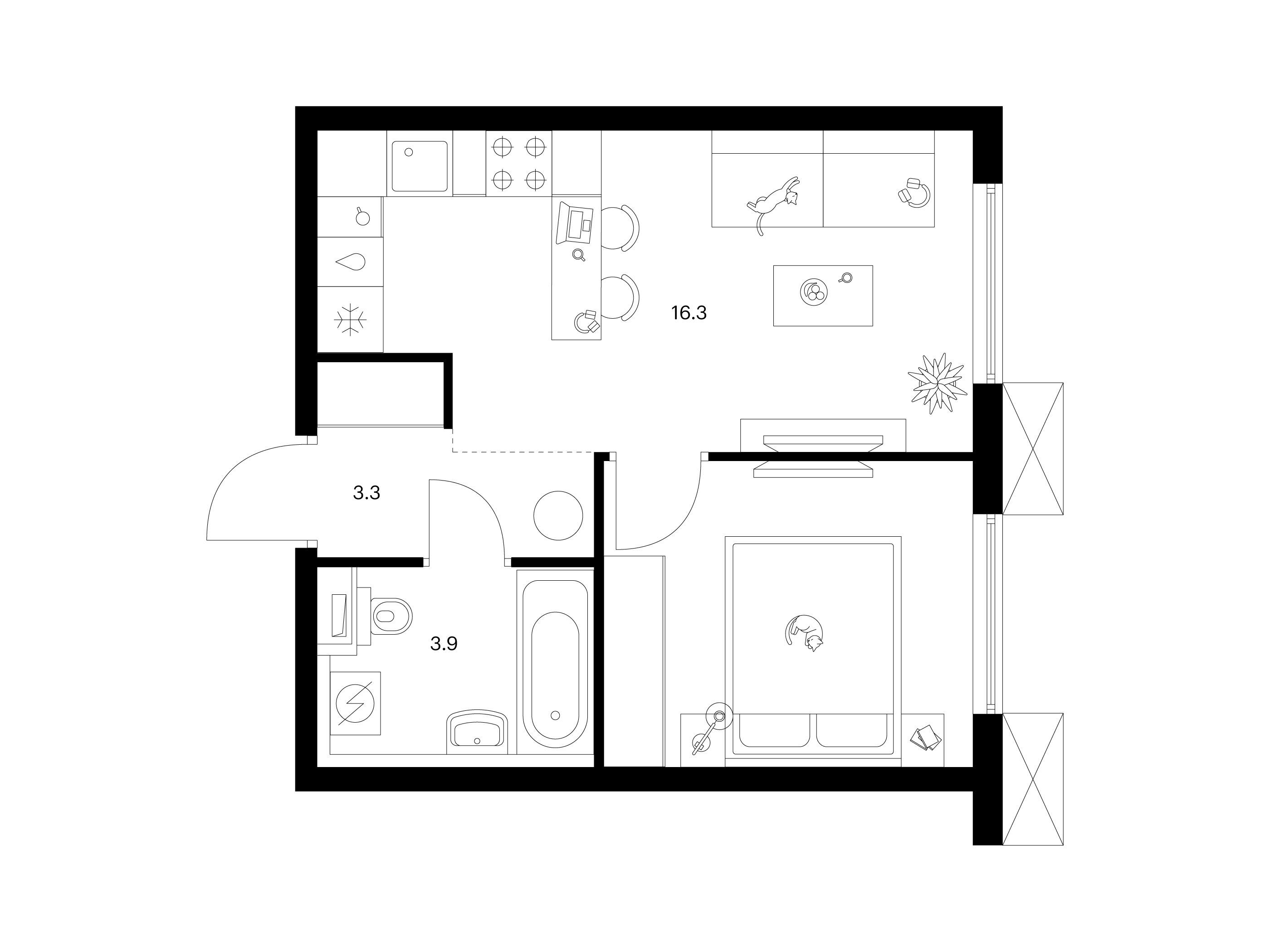 Планировка: 1-комн. квартира 32.80 м² в новостройке Томилинский бульвар