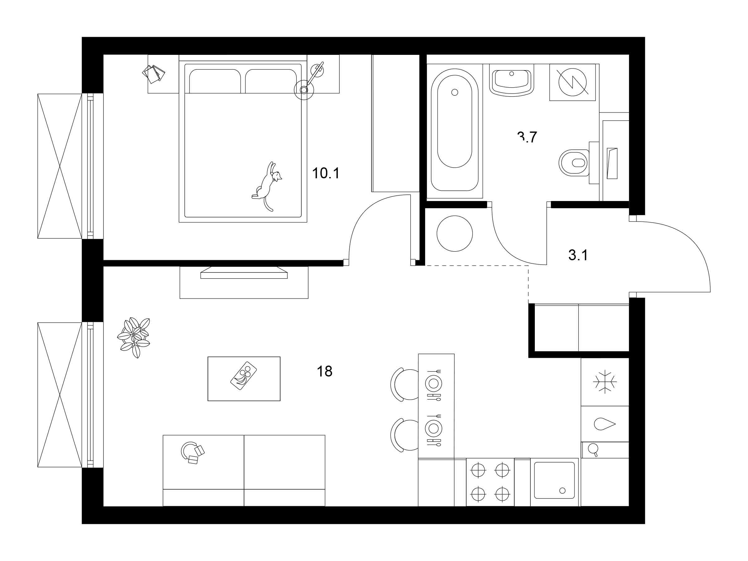 Планировка: 1-комн. квартира 34.90 м² в новостройке Томилинский бульвар