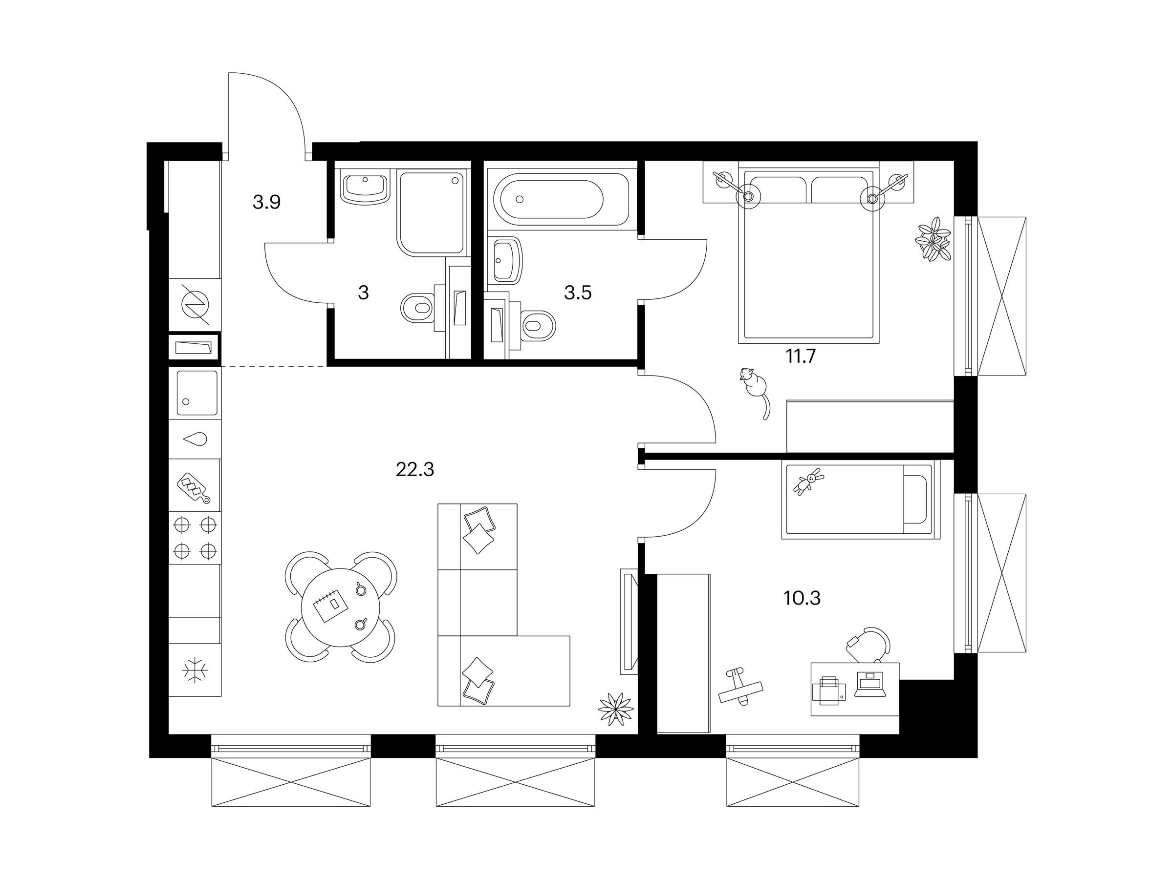 Планировка: 2-комн. квартира 54.70 м² в новостройке ЖК Томилинский бульвар