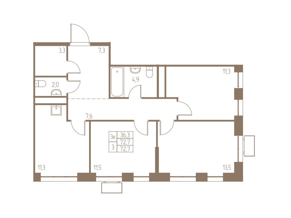 Планировка: 3-комн. квартира 72.70 м² в новостройке Фабрикант