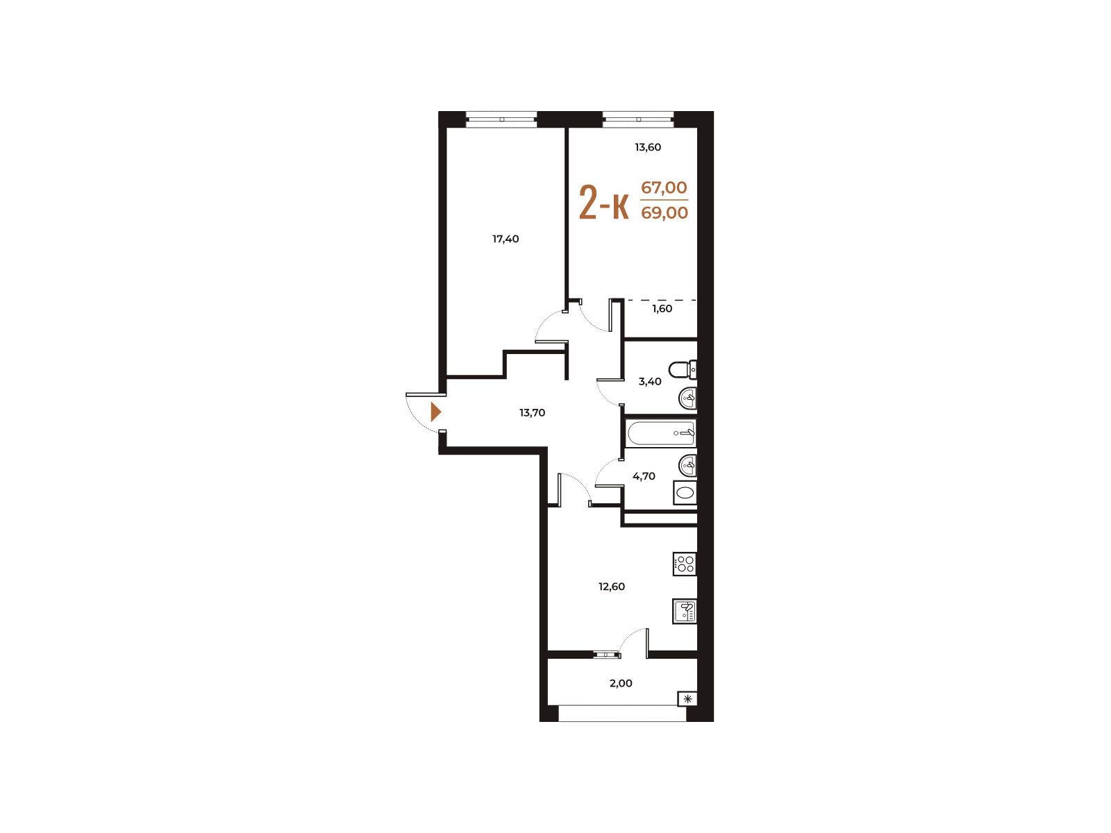 Планировка: 2-комн. квартира 69.00 м² в новостройке ЖК Новое Летово