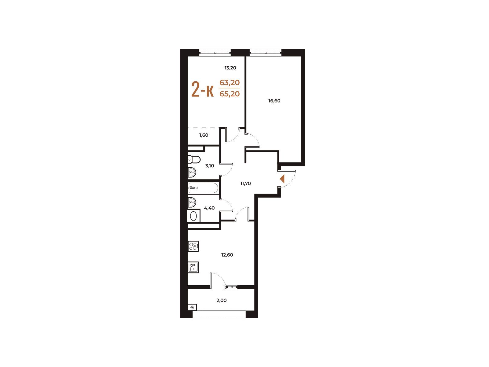 Планировка: 2-комн. квартира 65.20 м² в новостройке ЖК Новое Летово