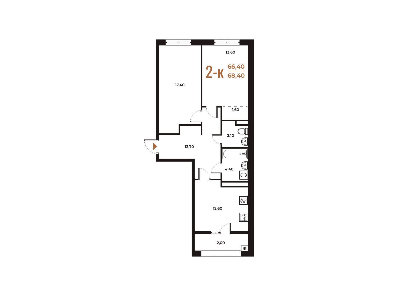 Планировка: 2-комн. квартира 68.40 м² в новостройке ЖК Новое Летово