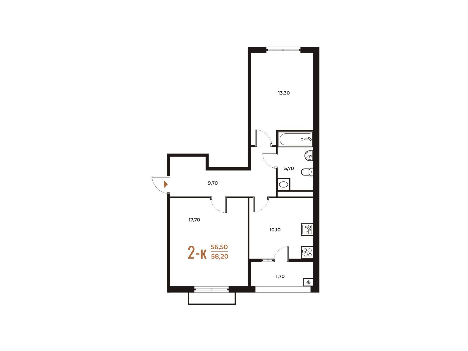 Планировка: 2-комн. квартира 58.20 м² в новостройке ЖК Новое Летово