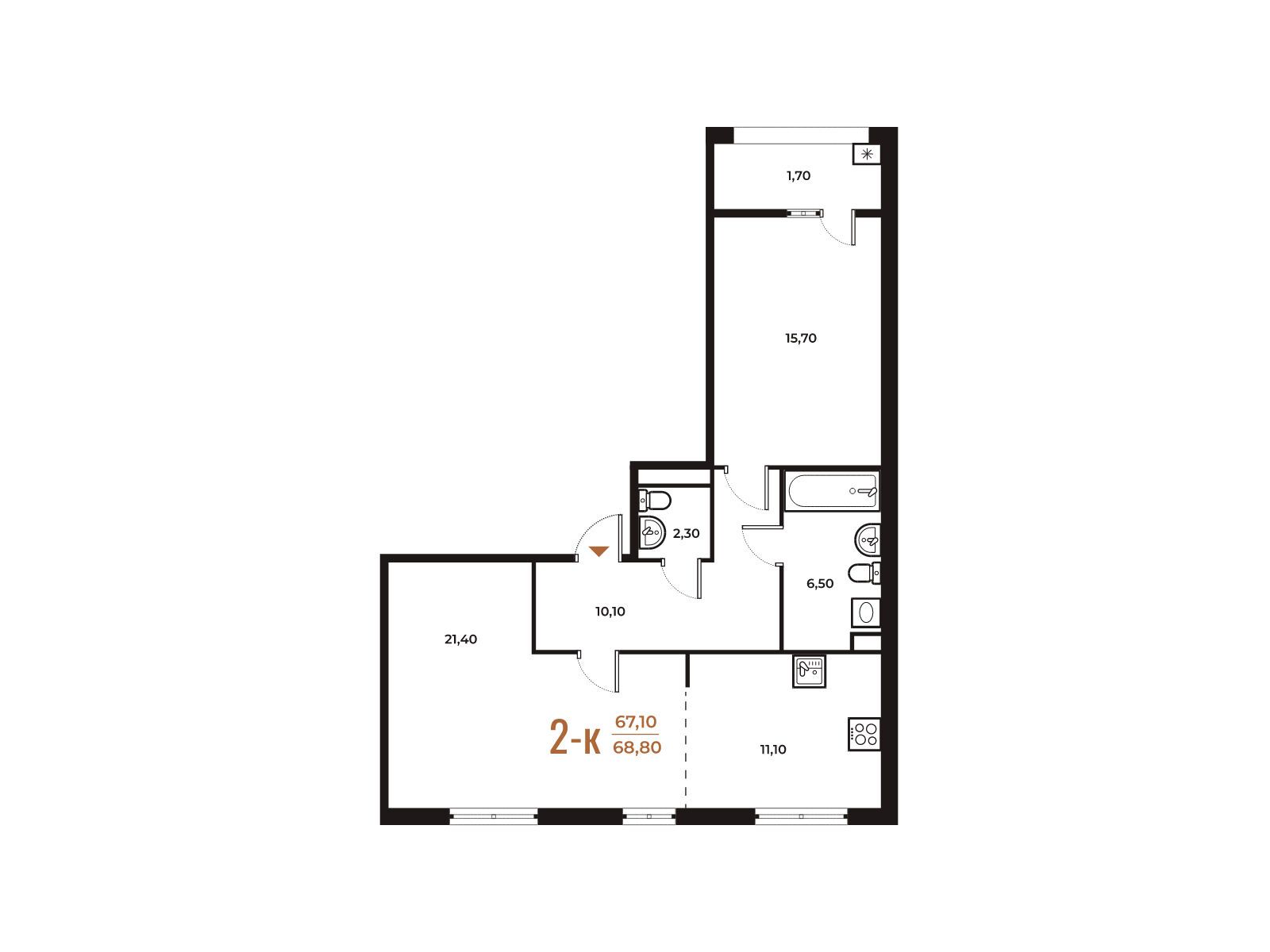 Планировка: 2-комн. квартира 68.80 м² в новостройке ЖК Новое Летово