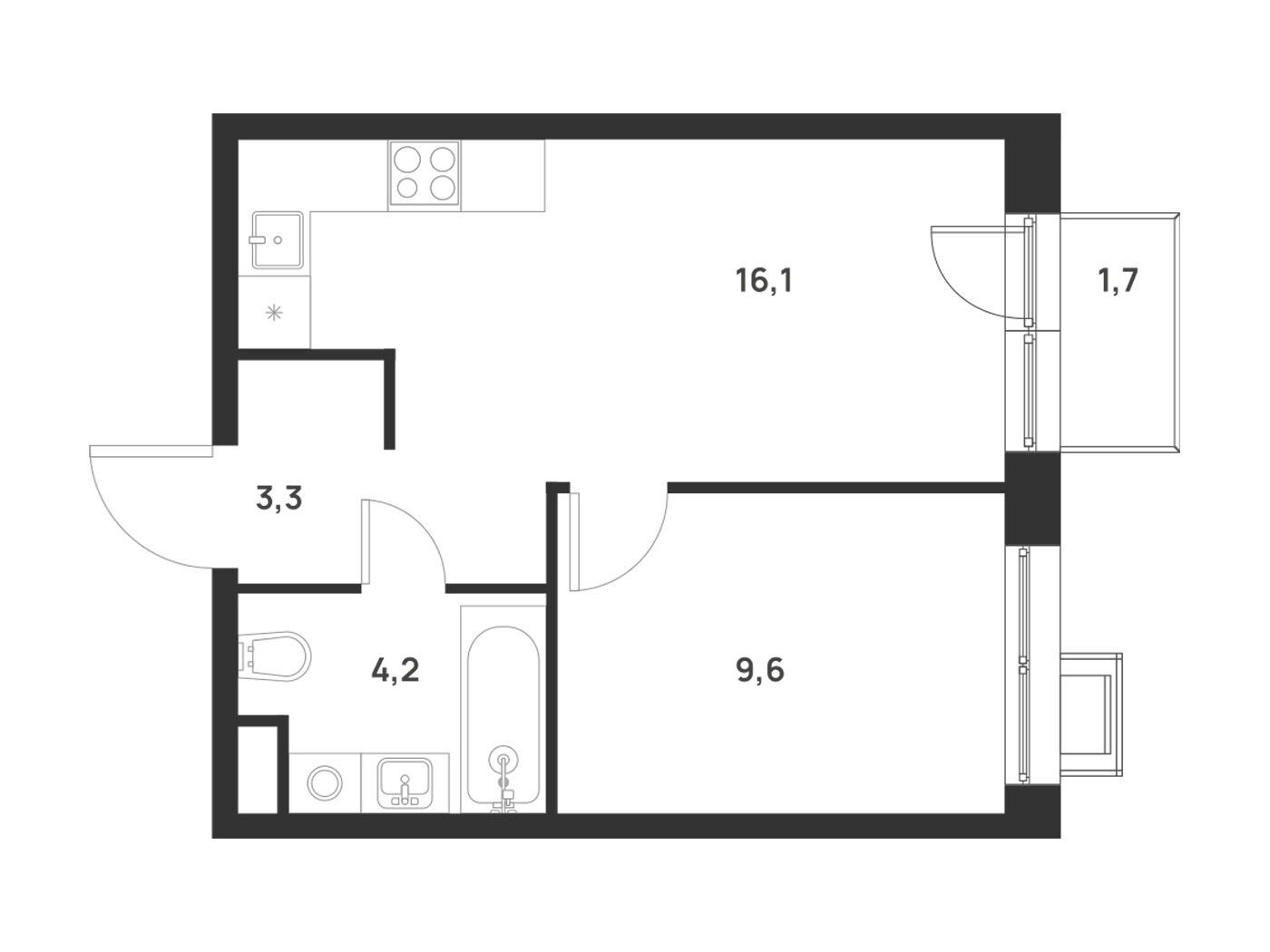 Планировка: 1-комн. квартира 33.70 м² в новостройке Форевиль