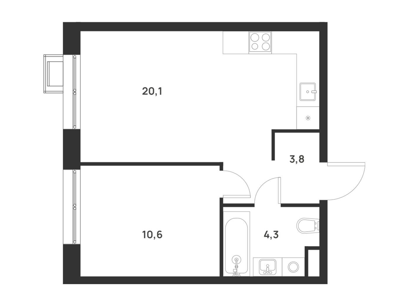 Планировка: 1-комн. квартира 38.80 м² в новостройке Форевиль
