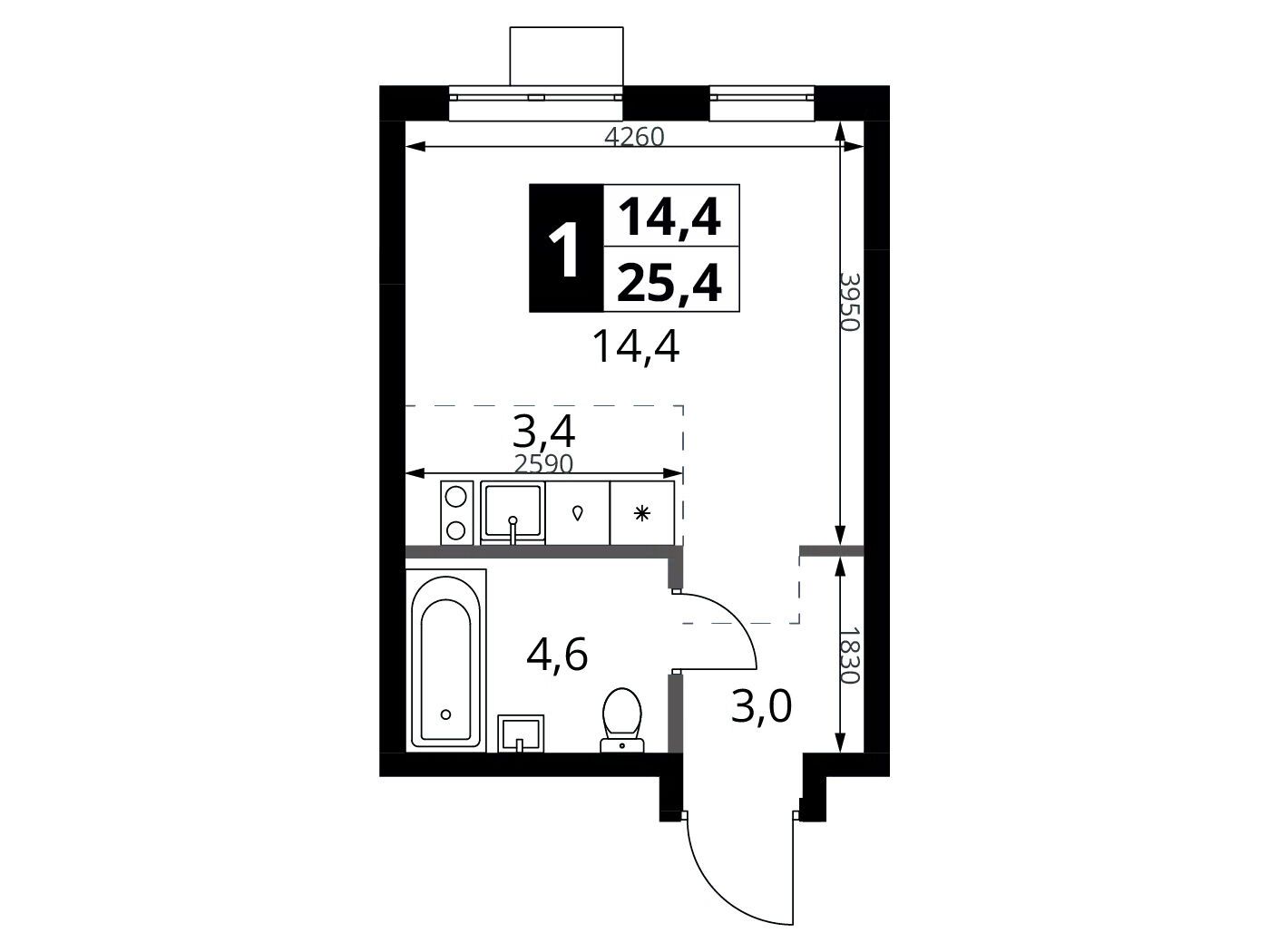 Планировка: Студия 25.40 м² в новостройке 1-й Ясеневский