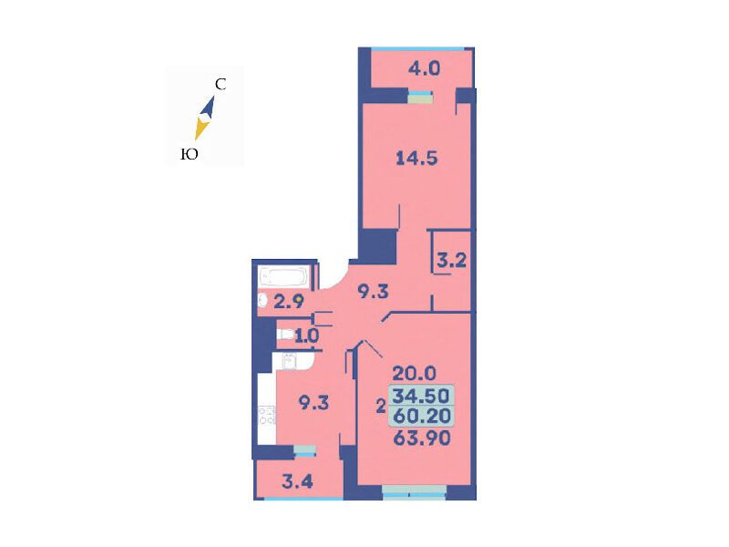 Планировка: 2-комн. квартира 63.90 м² в новостройке Эдельвейс