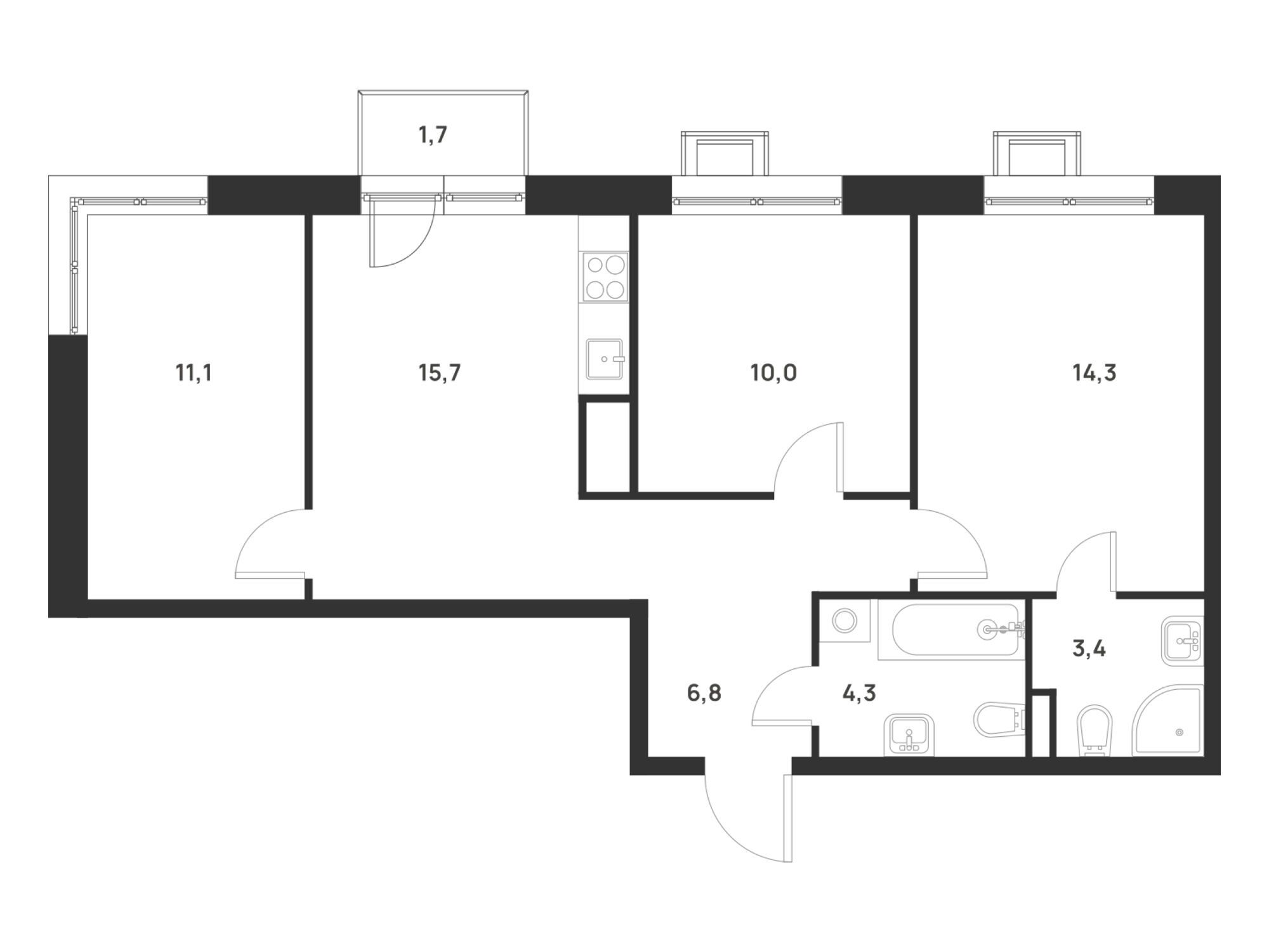 Планировка: 3-комн. квартира 66.10 м² в новостройке Форевиль