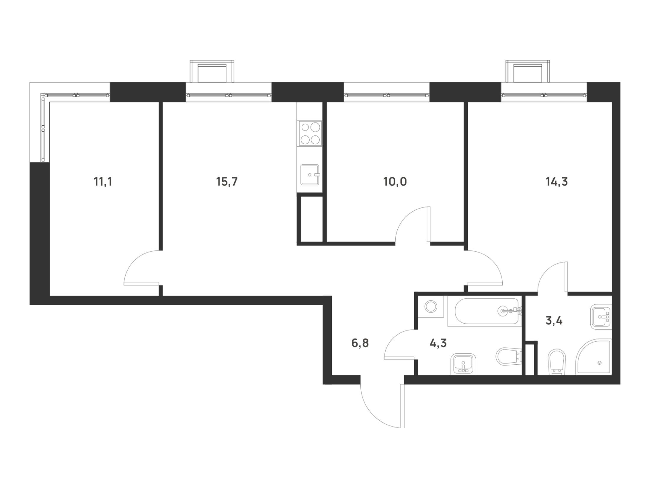 Планировка: 3-комн. квартира 65.60 м² в новостройке Форевиль