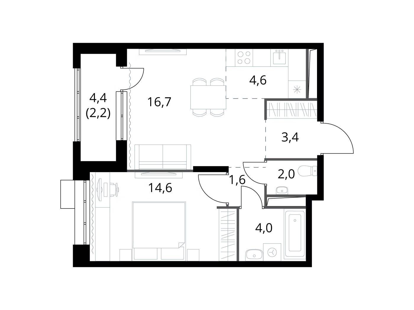 Планировка: 2-комн. квартира 49.10 м² в новостройке ЖК 1-й Саларьевский (Первый Саларьевский)