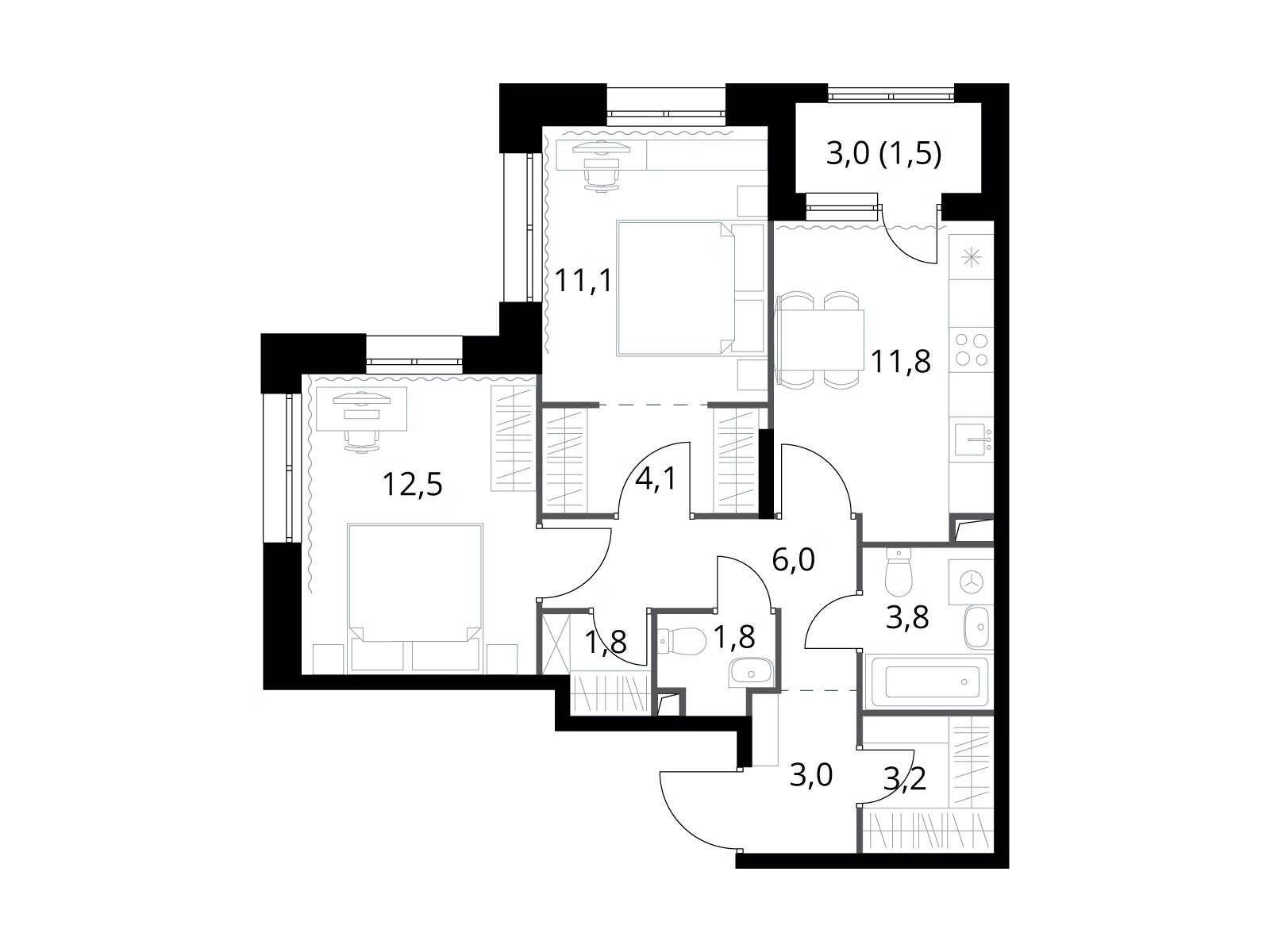 Планировка: 2-комн. квартира 60.60 м² в новостройке ЖК 1-й Саларьевский (Первый Саларьевский)