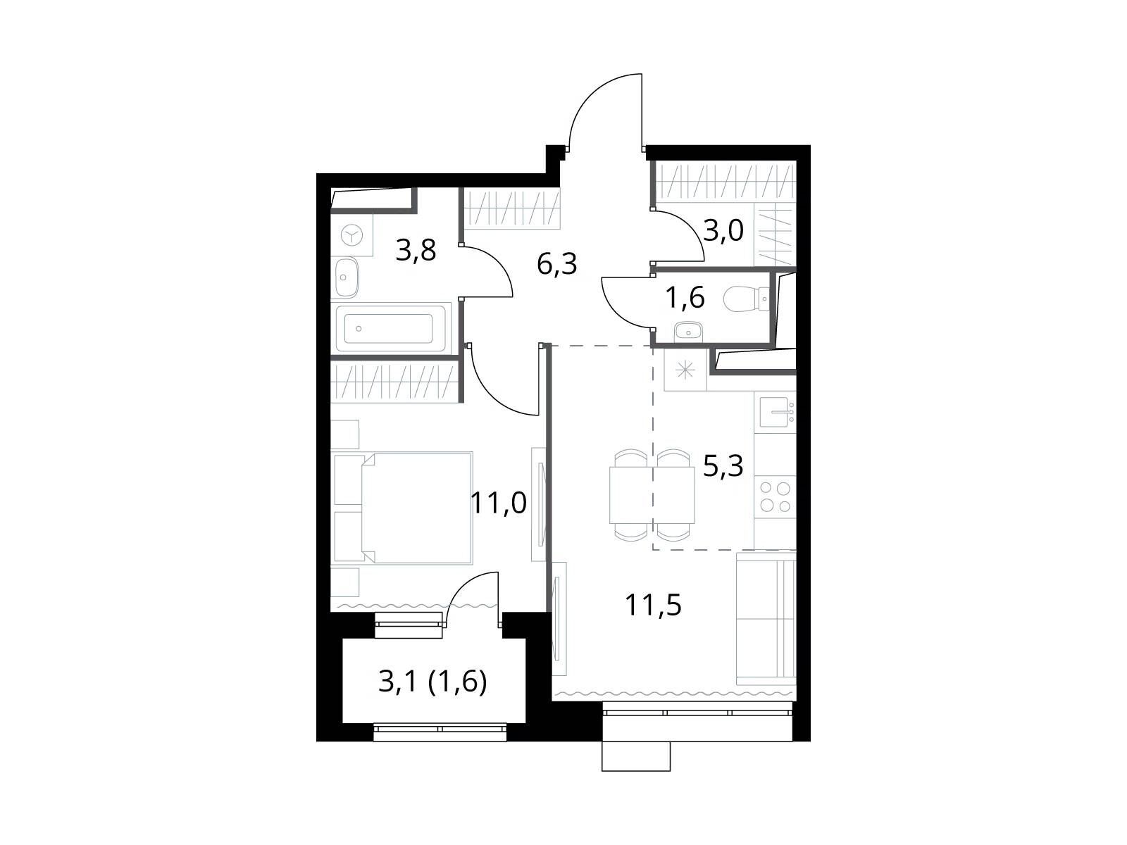 Планировка: 2-комн. квартира 44.10 м² в новостройке ЖК 1-й Саларьевский (Первый Саларьевский)