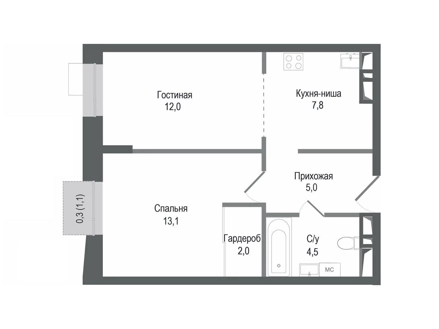 Планировка: 2-комн. квартира 44.40 м² в новостройке Киноквартал