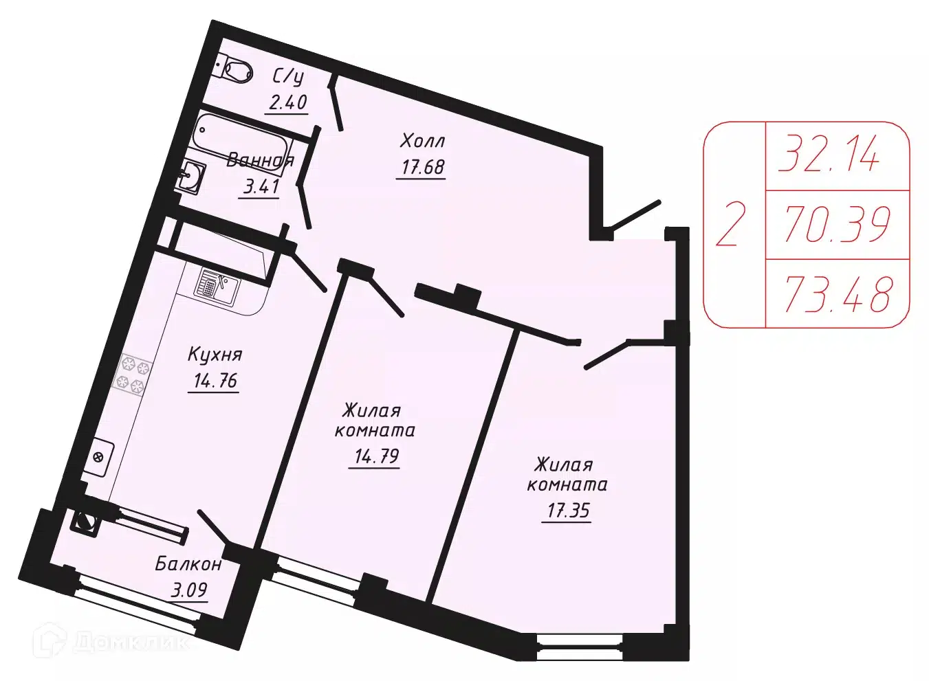 Планировка: 2-комн. квартира 73.48 м² в новостройке По ул. Фоменко