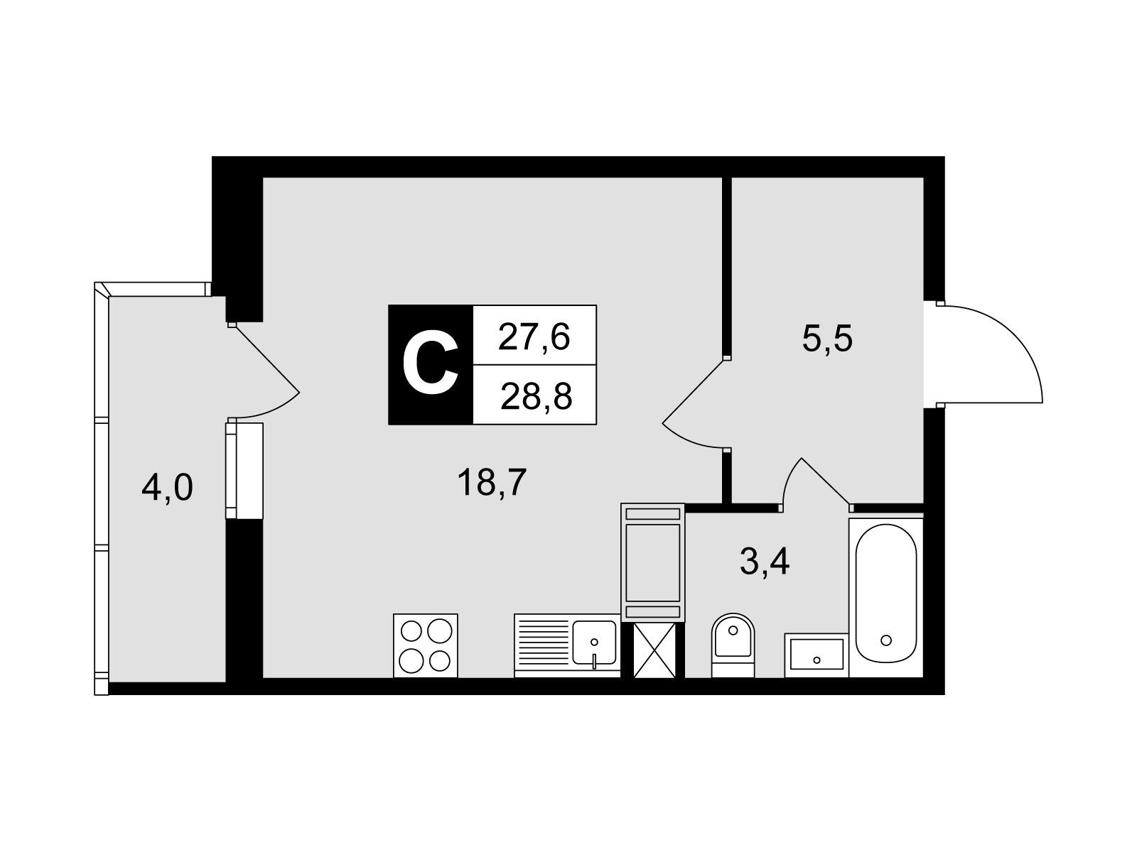 Планировка: Студия 28.80 м² в новостройке Красная горка