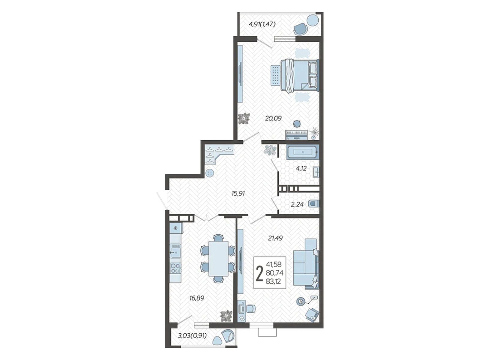 Планировка: 2-комн. квартира 83.12 м² в новостройке Режиссер