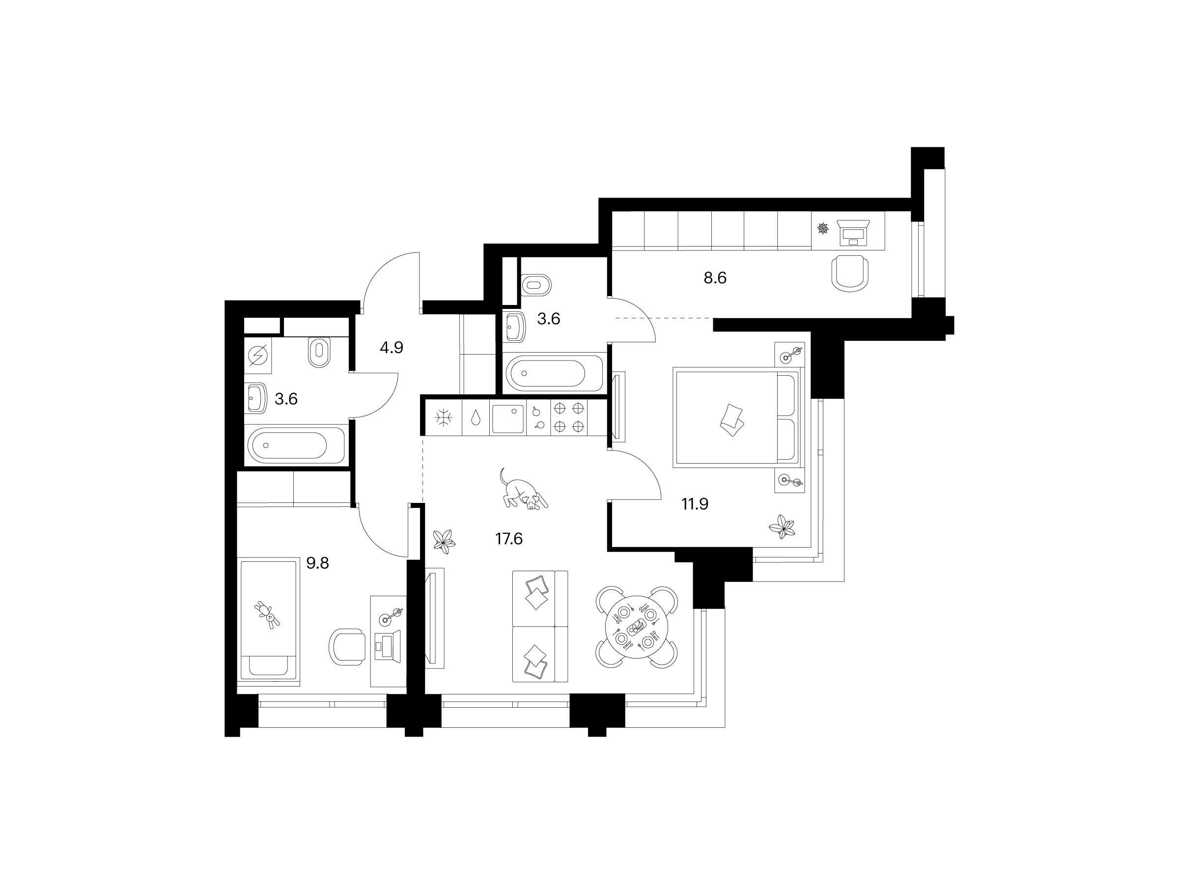 Планировка: 2-комн. квартира 60.00 м² в новостройке Строгино 360