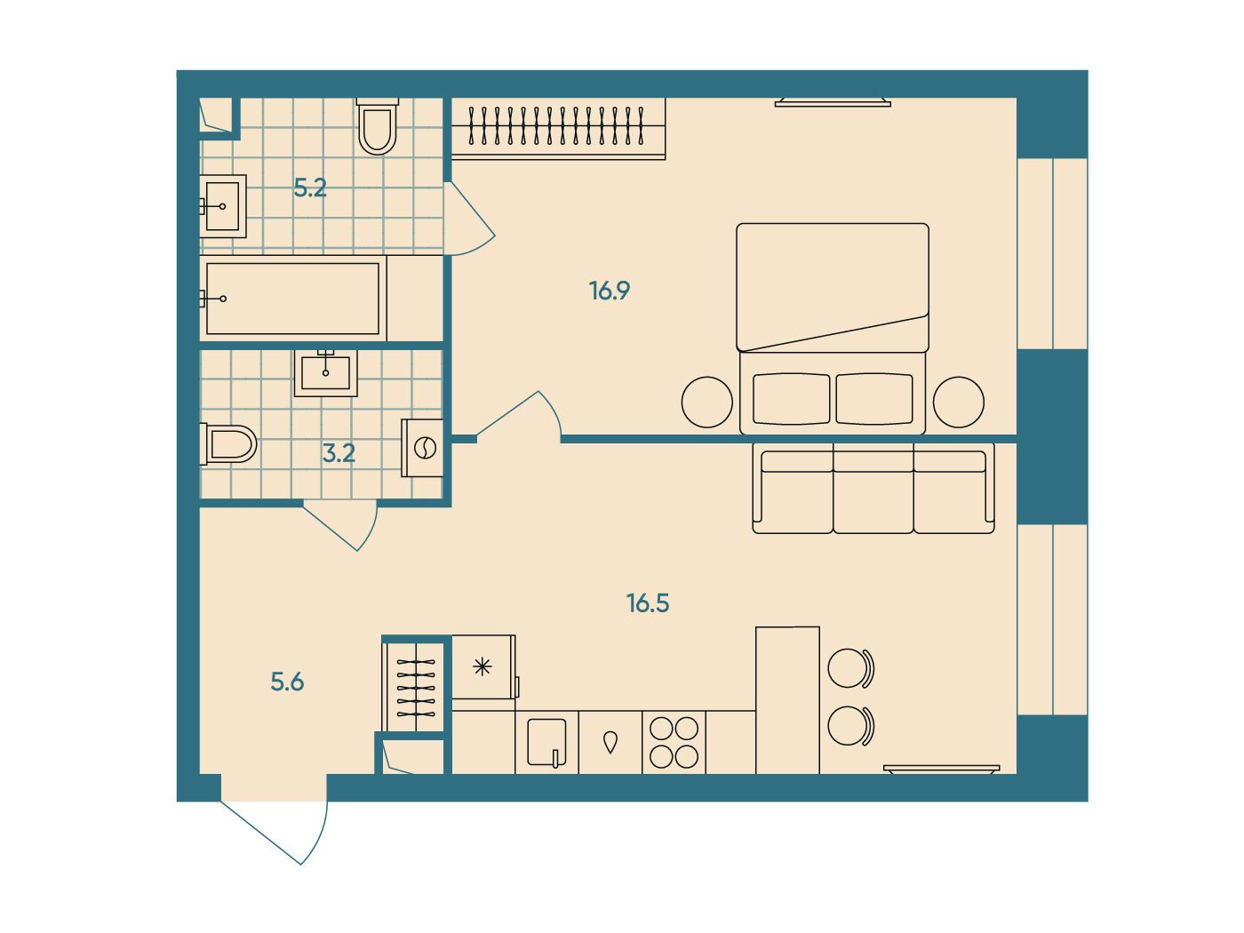 Планировка: 2-комн. квартира 47.40 м² в новостройке ЖК ЭРА