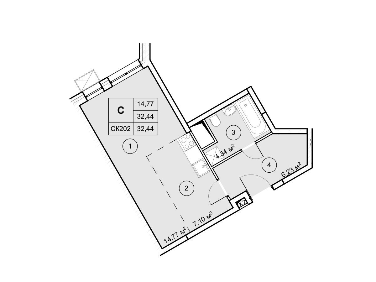 Планировка: Студия 32.44 м² в новостройке Экоград Новый Катуар