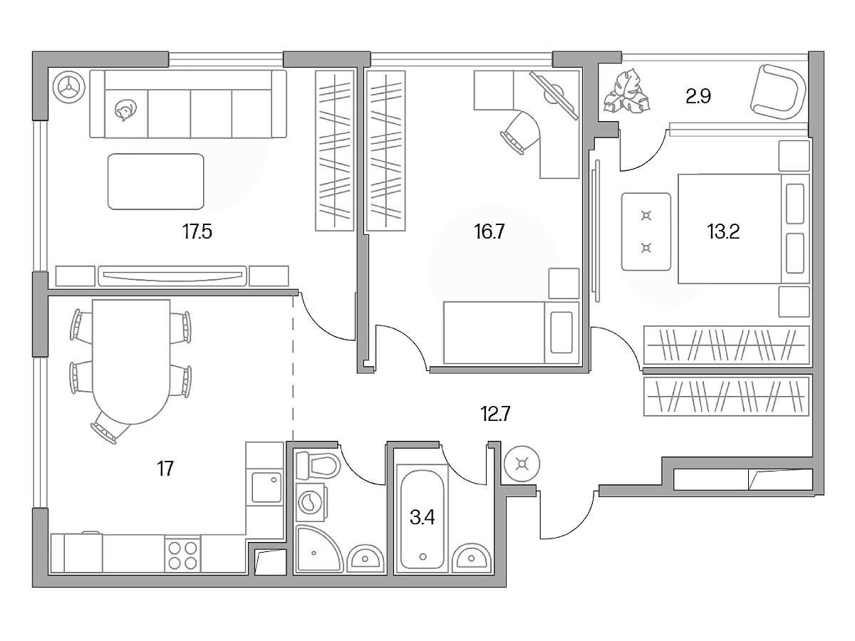 Планировка: 3-комн. квартира 86.50 м² в новостройке Бригантина
