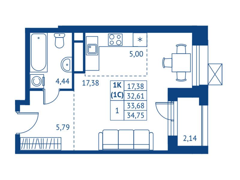 Планировка: Студия 32.61 м² в новостройке Поколение Первых