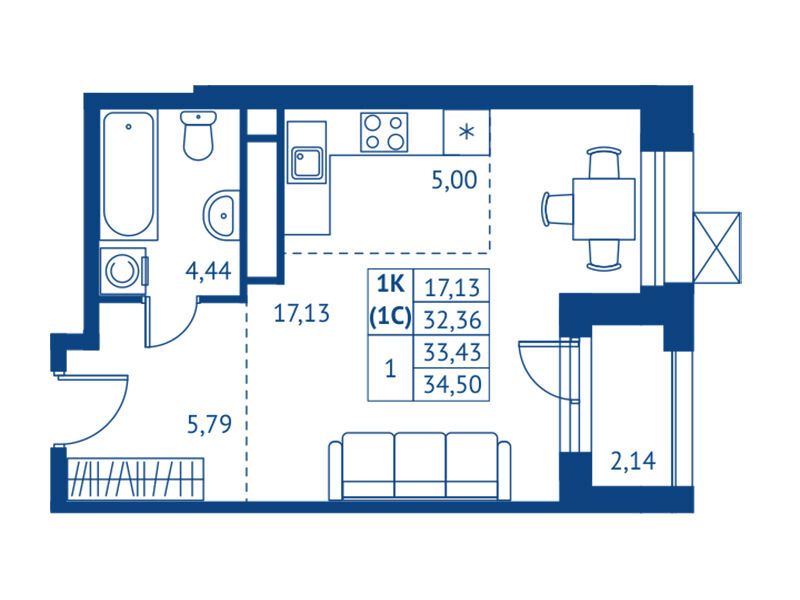 Планировка: Студия 32.36 м² в новостройке Поколение Первых