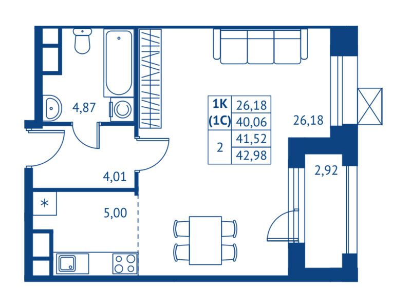 Планировка: Студия 40.06 м² в новостройке Поколение Первых